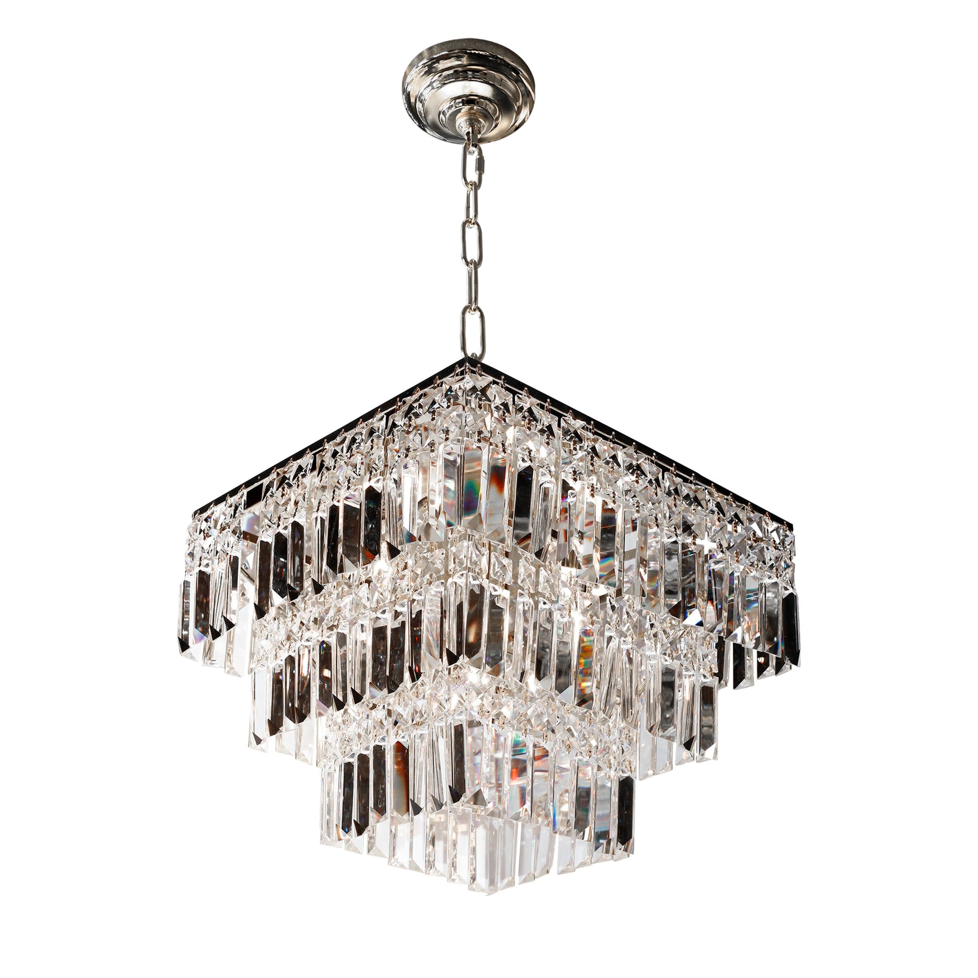 chrome 3 tier crystal chandelier displayed in elegant interior