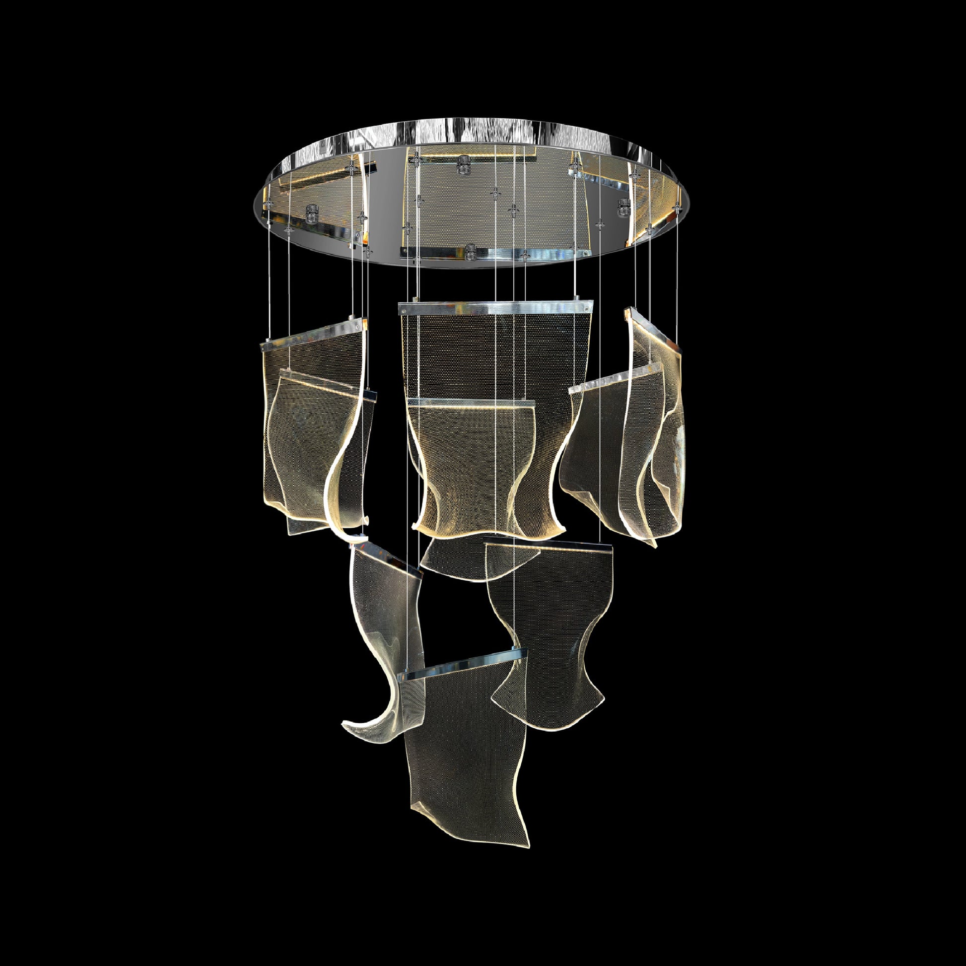 Chrome LED chandelier with sculptural wave panel design
