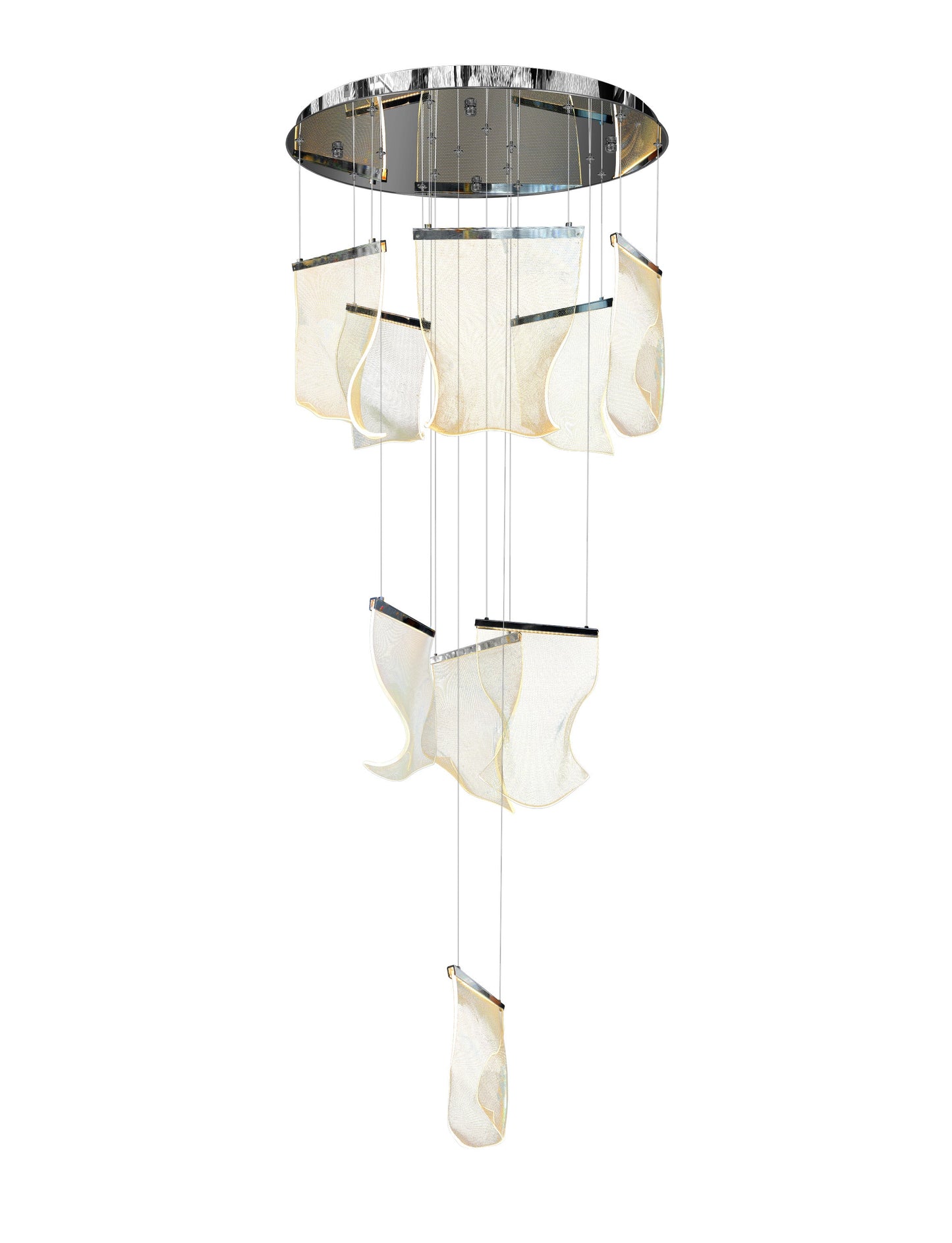 Close-up of acrylic wave panel on Chrome LED chandelier