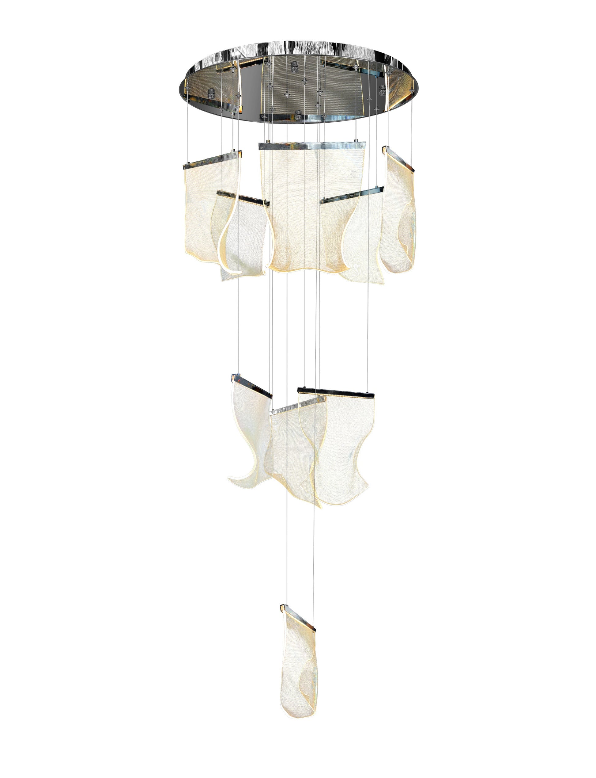 Close-up of acrylic wave panel on Chrome LED chandelier