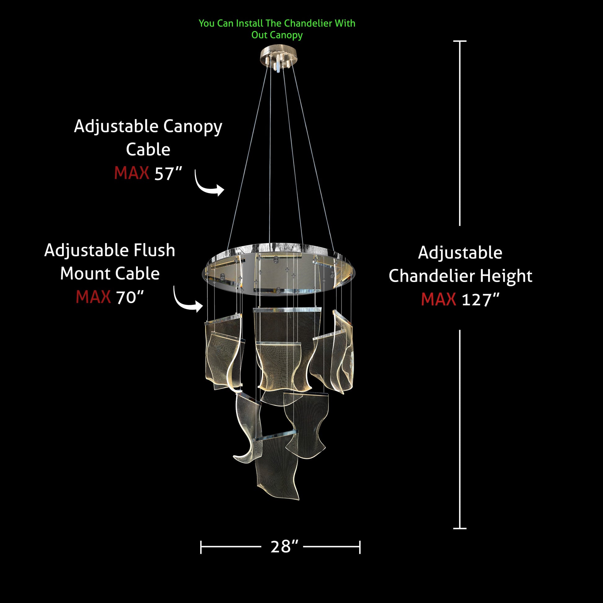 Chrome LED chandelier with adjustable height and canopy cable measurements