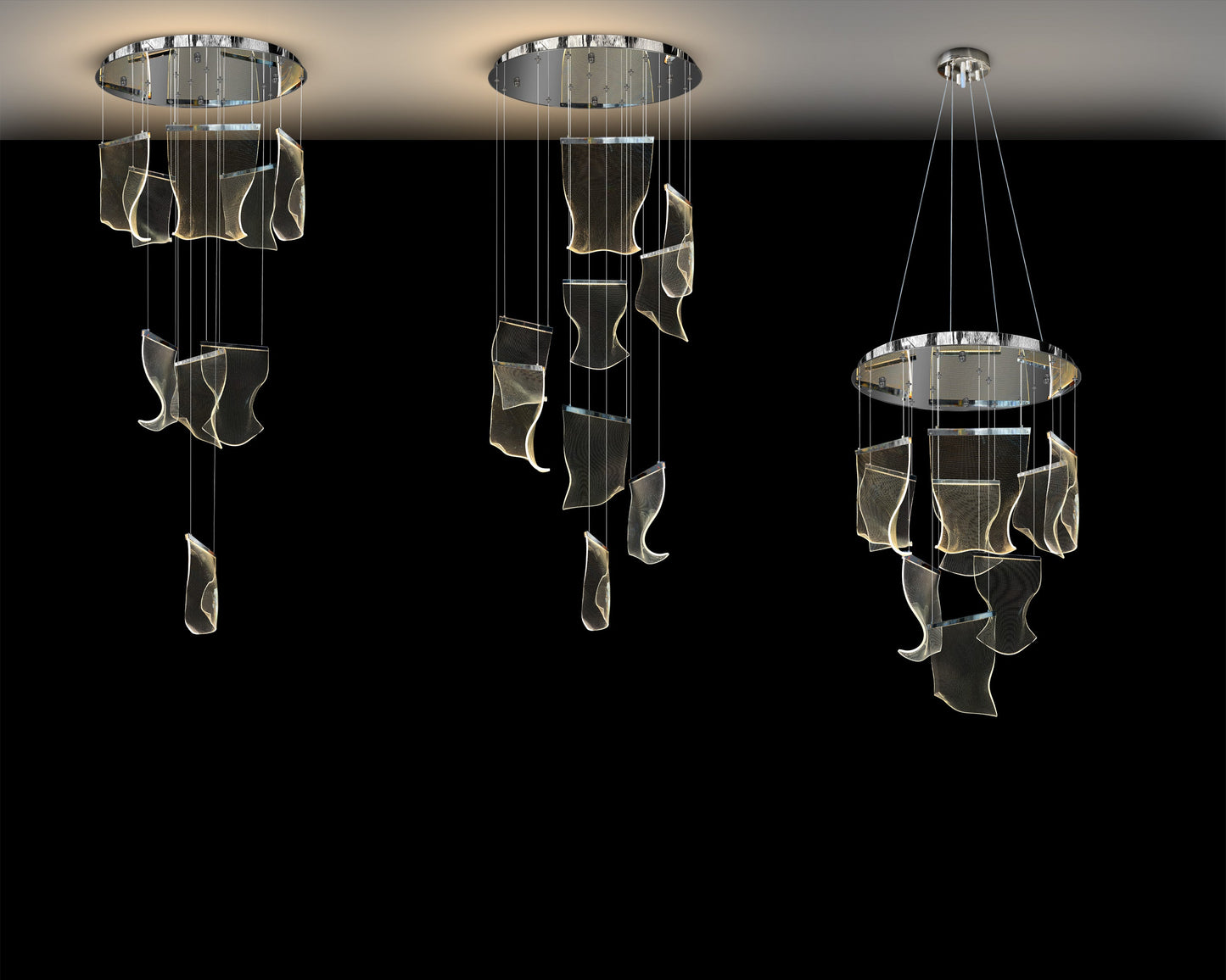 Chrome LED chandelier shown in multiple adjustable configurations with wave panels