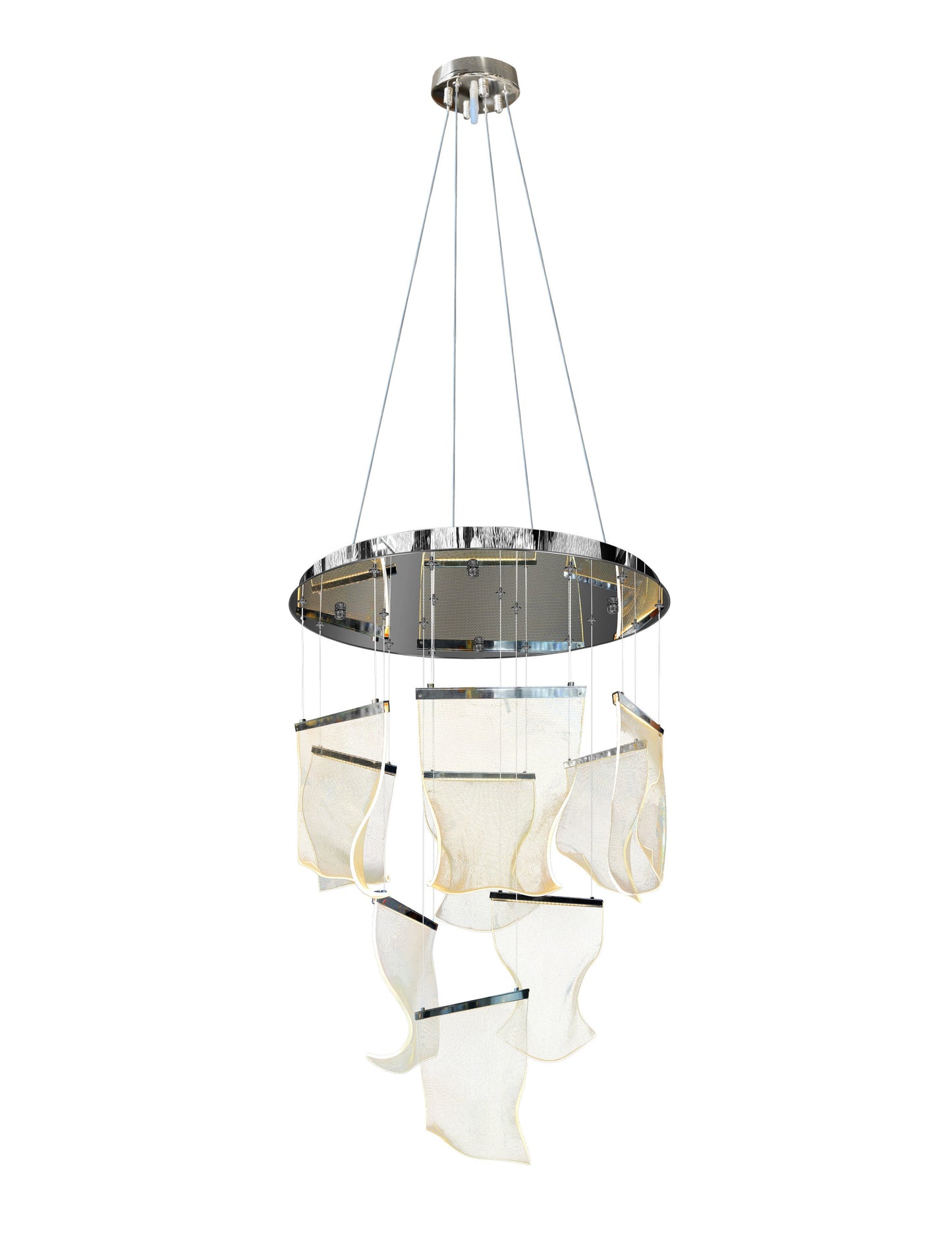 Full hanging view of Chrome LED chandelier with adjustable cables