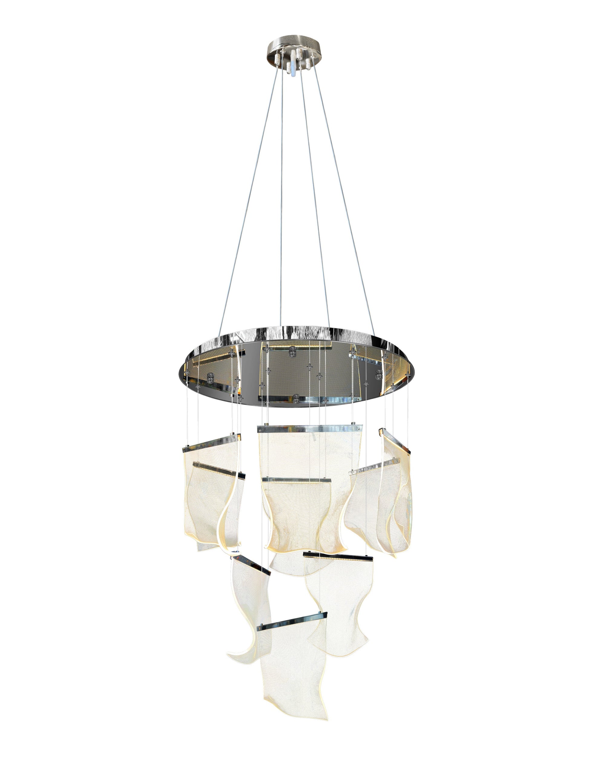 Full hanging view of Chrome LED chandelier with adjustable cables