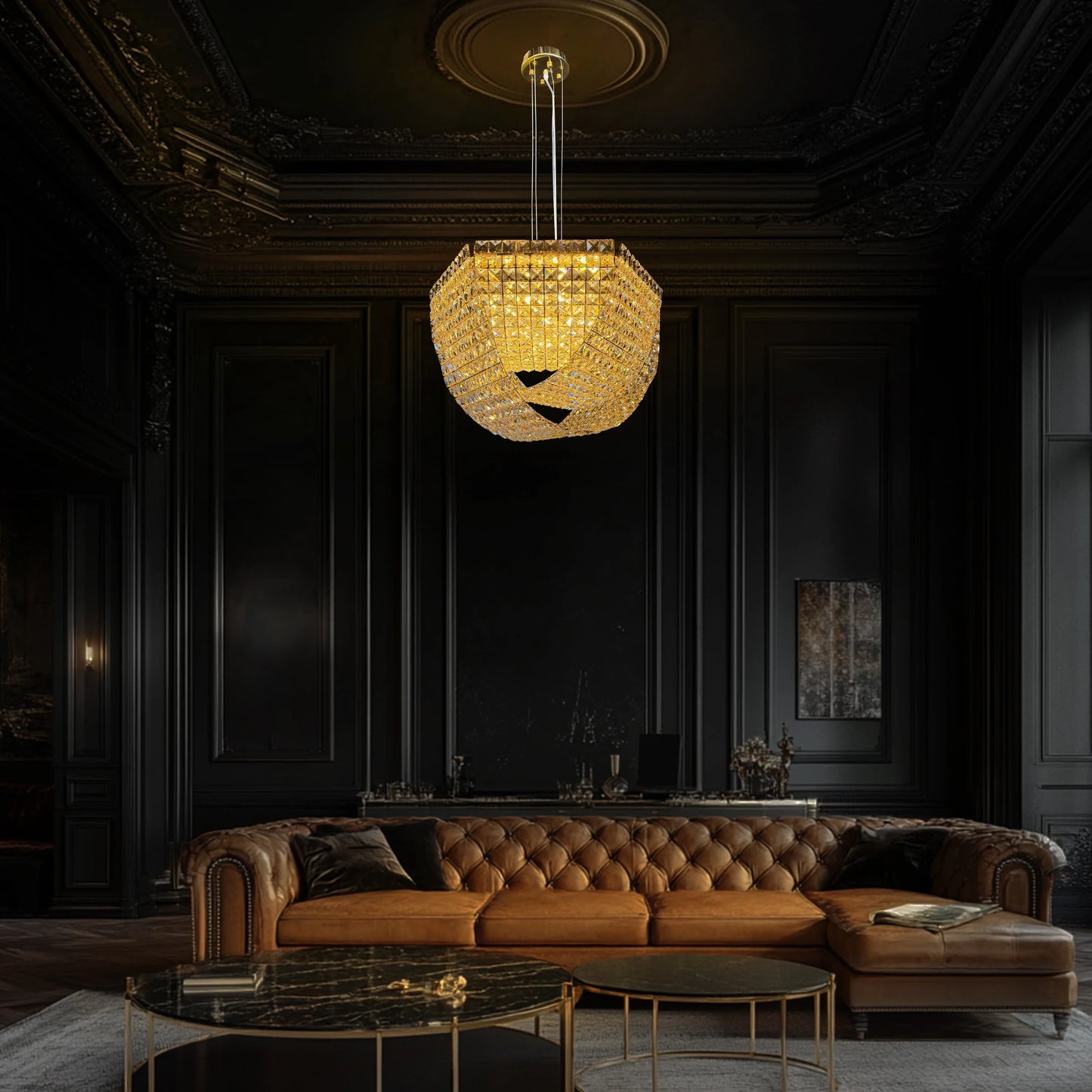 High-end crystal chandelier as a statement piece in a modern luxury home setting.