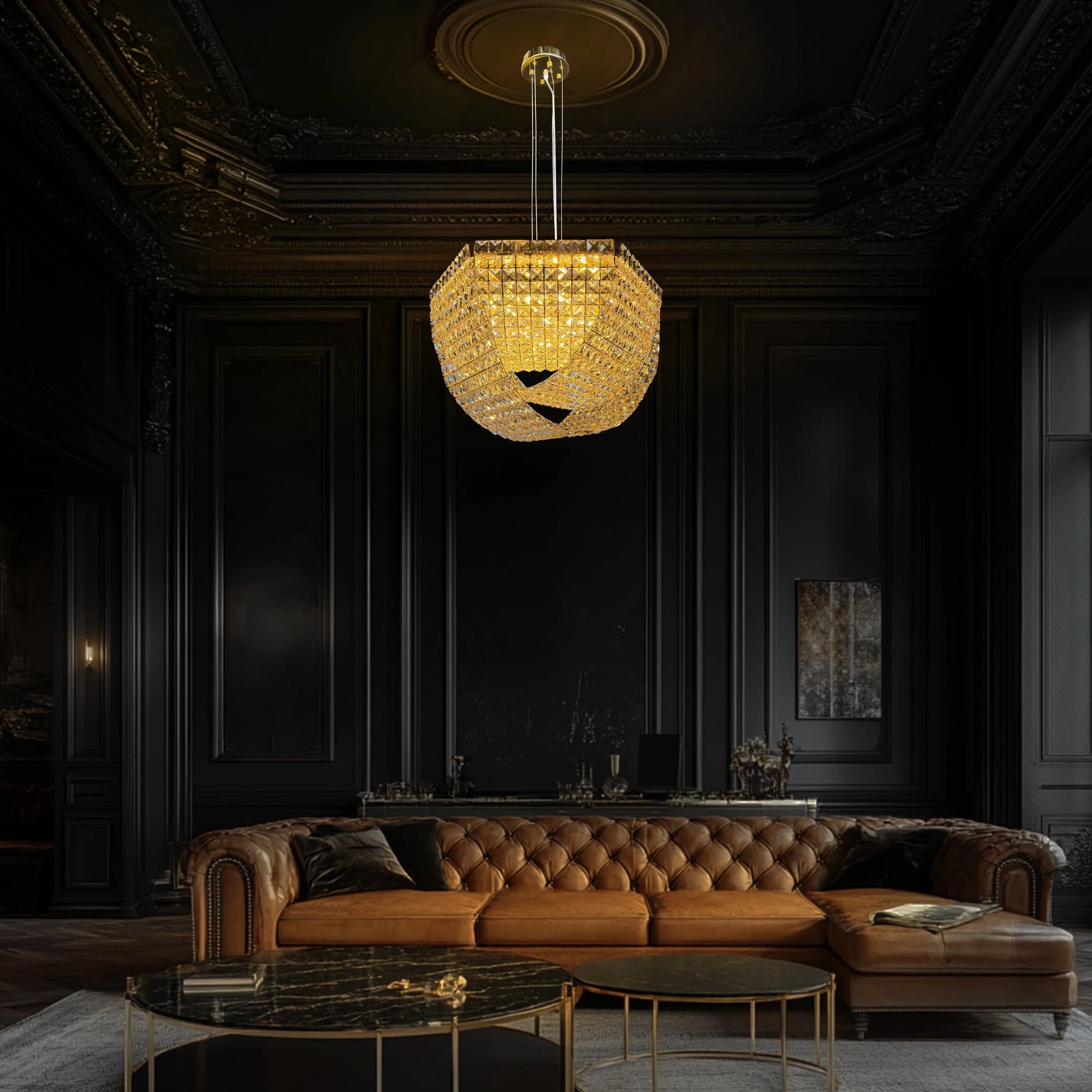 High-end crystal chandelier as a statement piece in a modern luxury home setting.