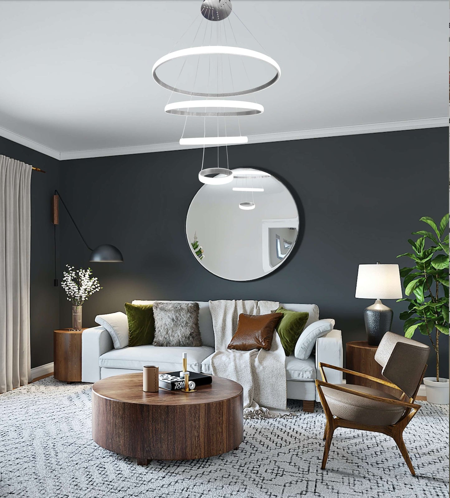 Contemporary multi-ring LED chandelier illuminating modern interior