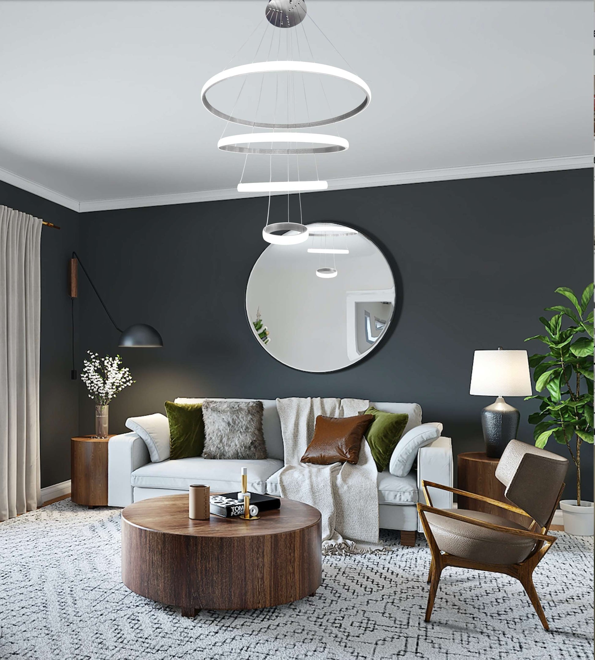 Contemporary multi-ring LED chandelier illuminating modern interior