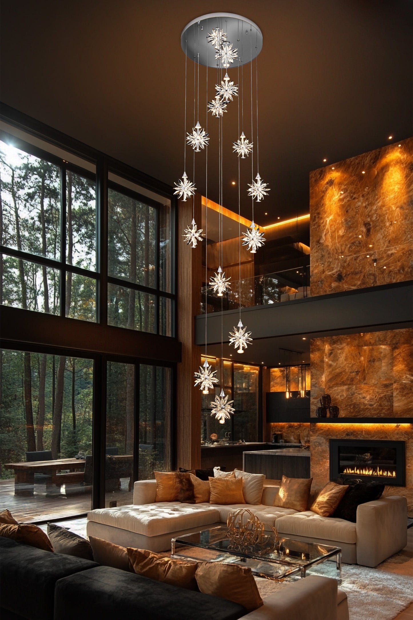Elegant spiral chrome LED crystal chandelier illuminating luxury interior space