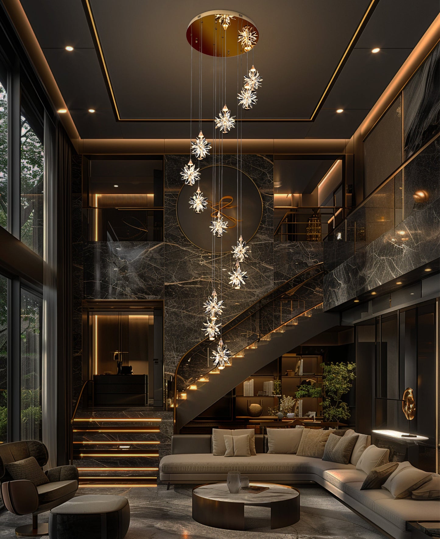 Elegant spiral LED crystal chandelier illuminating luxury interior space