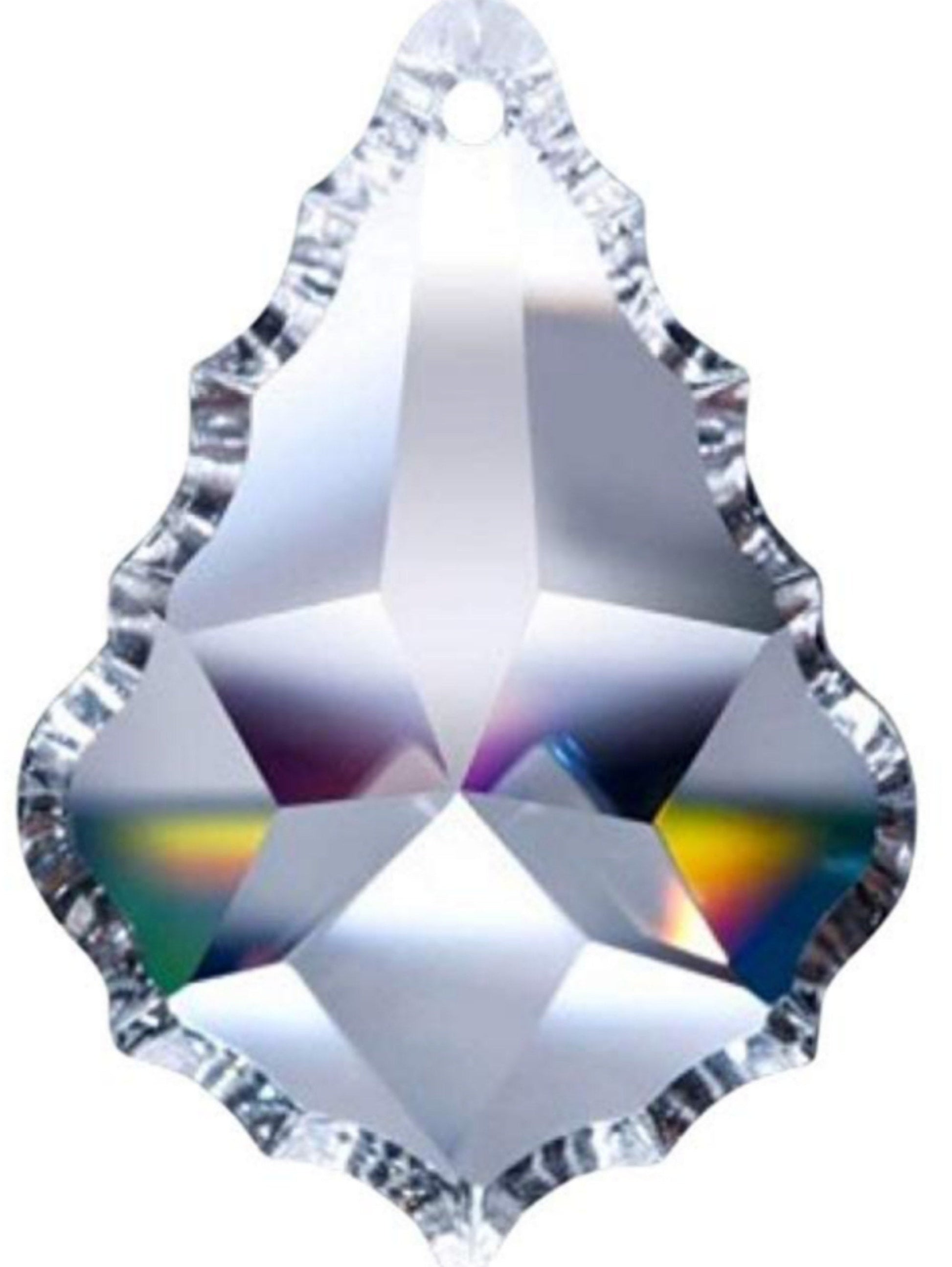 A clear, faceted, full-lead crystal pendant with a leaf shape, displaying a rainbow-like color when viewed from different angles.
