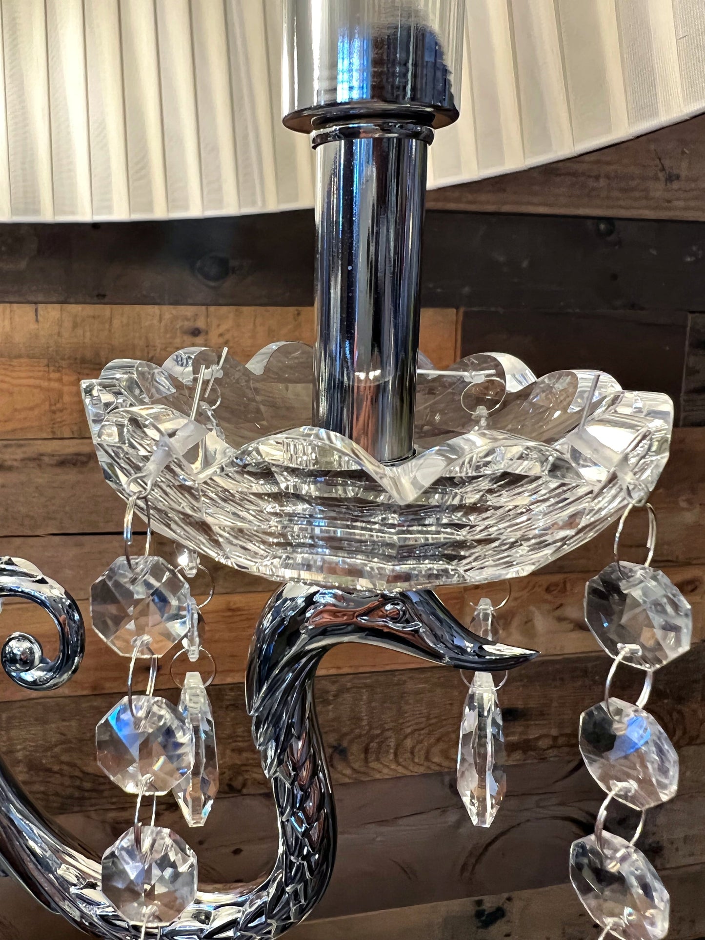 Crystal table lamp arm detail with hanging clear crystal drops