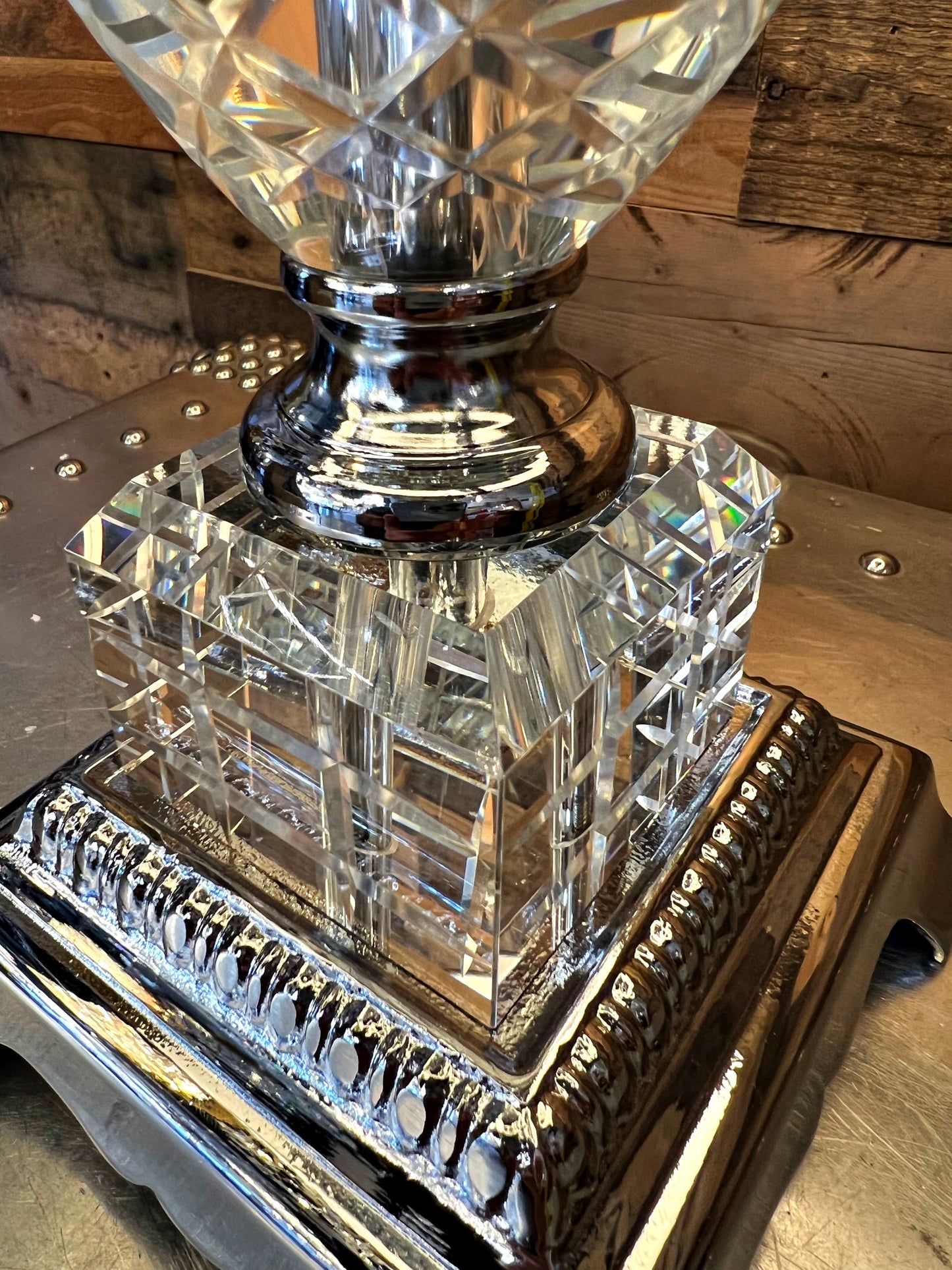 Square crystal base detail of classic luxury table lamp