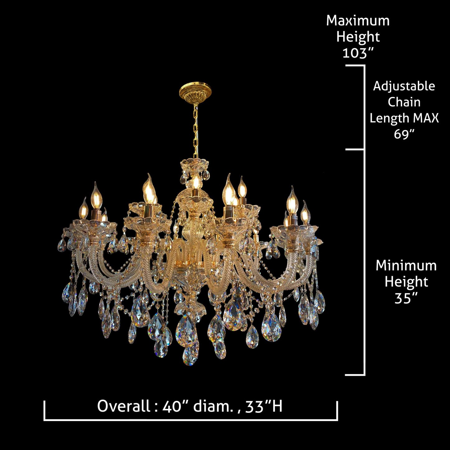 Gold crystal chandelier 40 inch measurement diagram