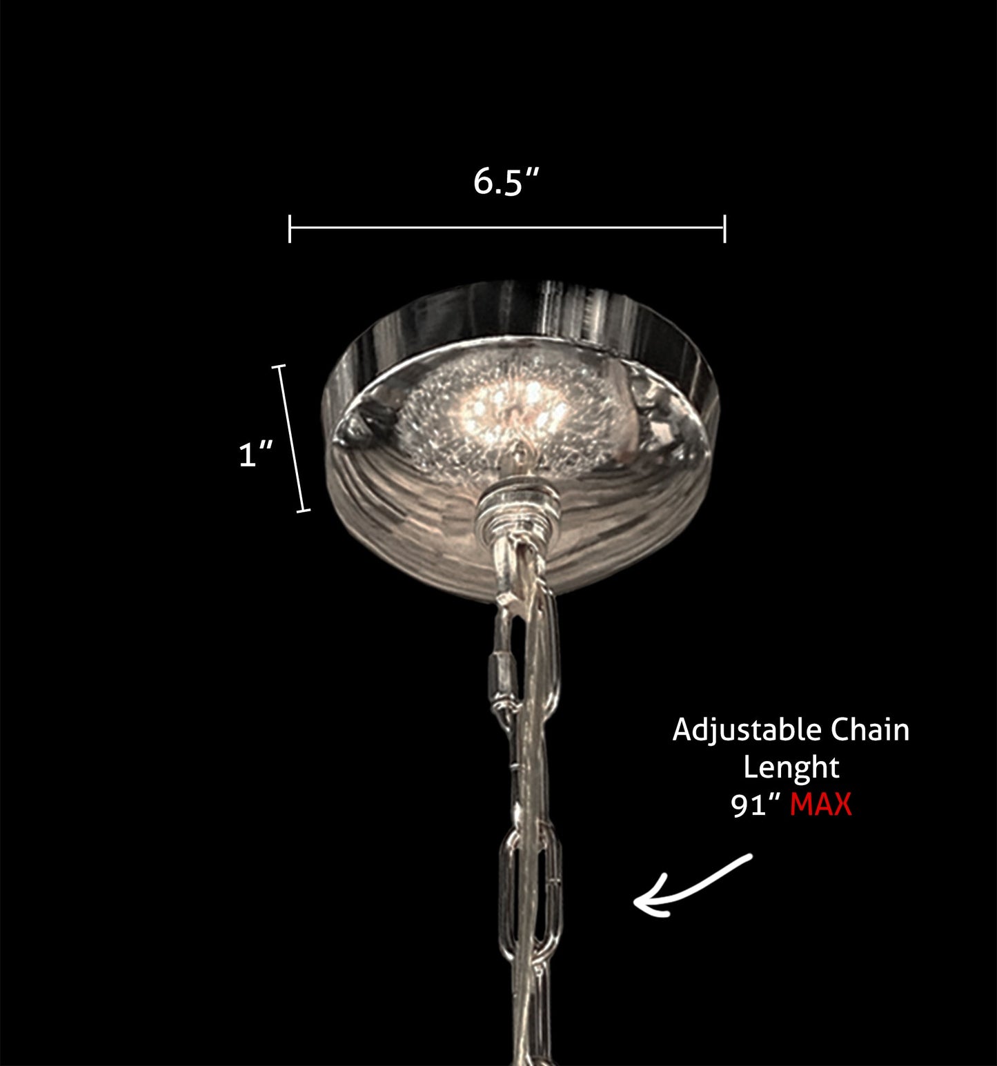 Dimmable chrome chandelier canopy with adjustable chain detail