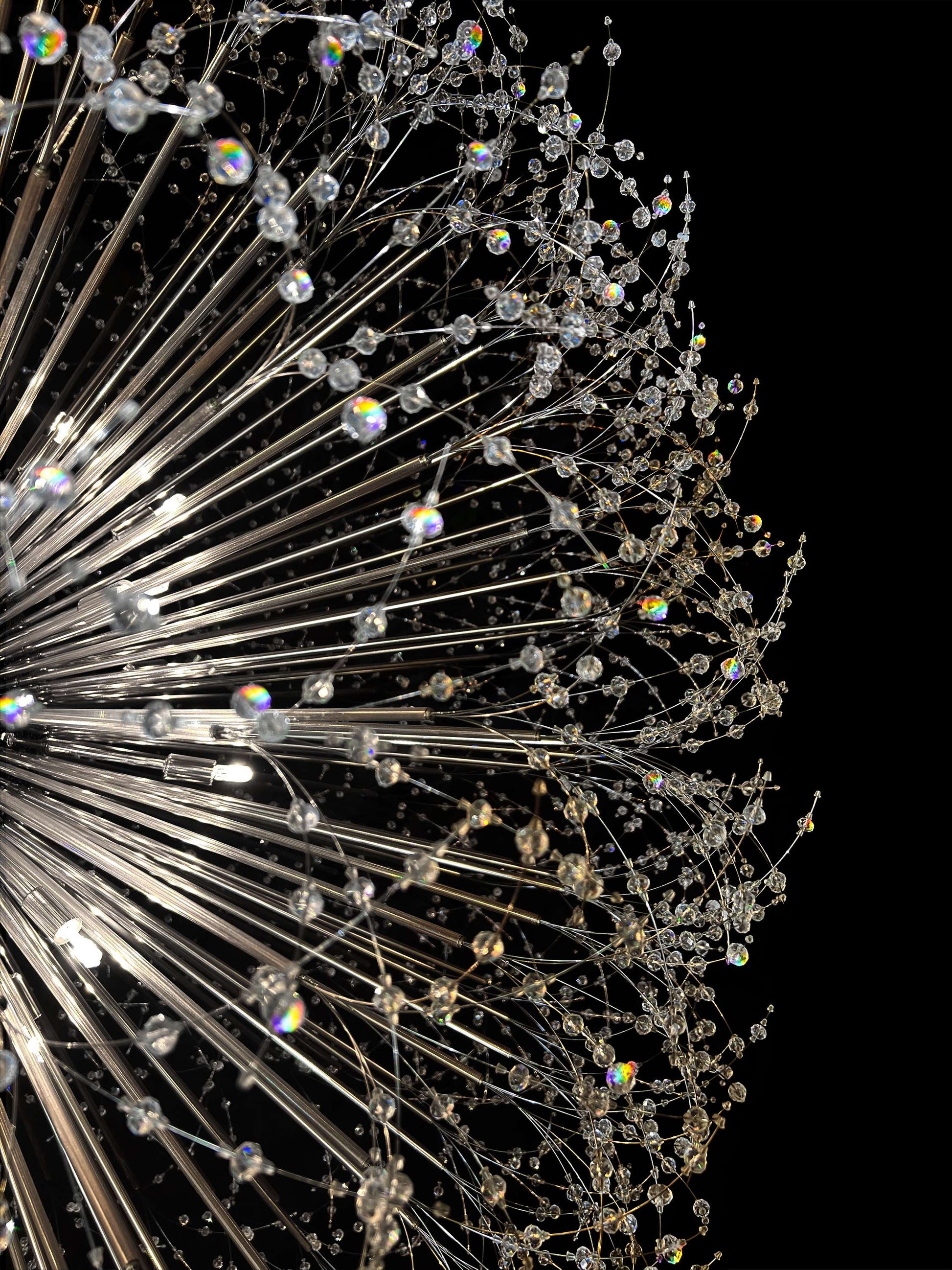 Dimmable chandelier close-up showing precision-cut crystal branches