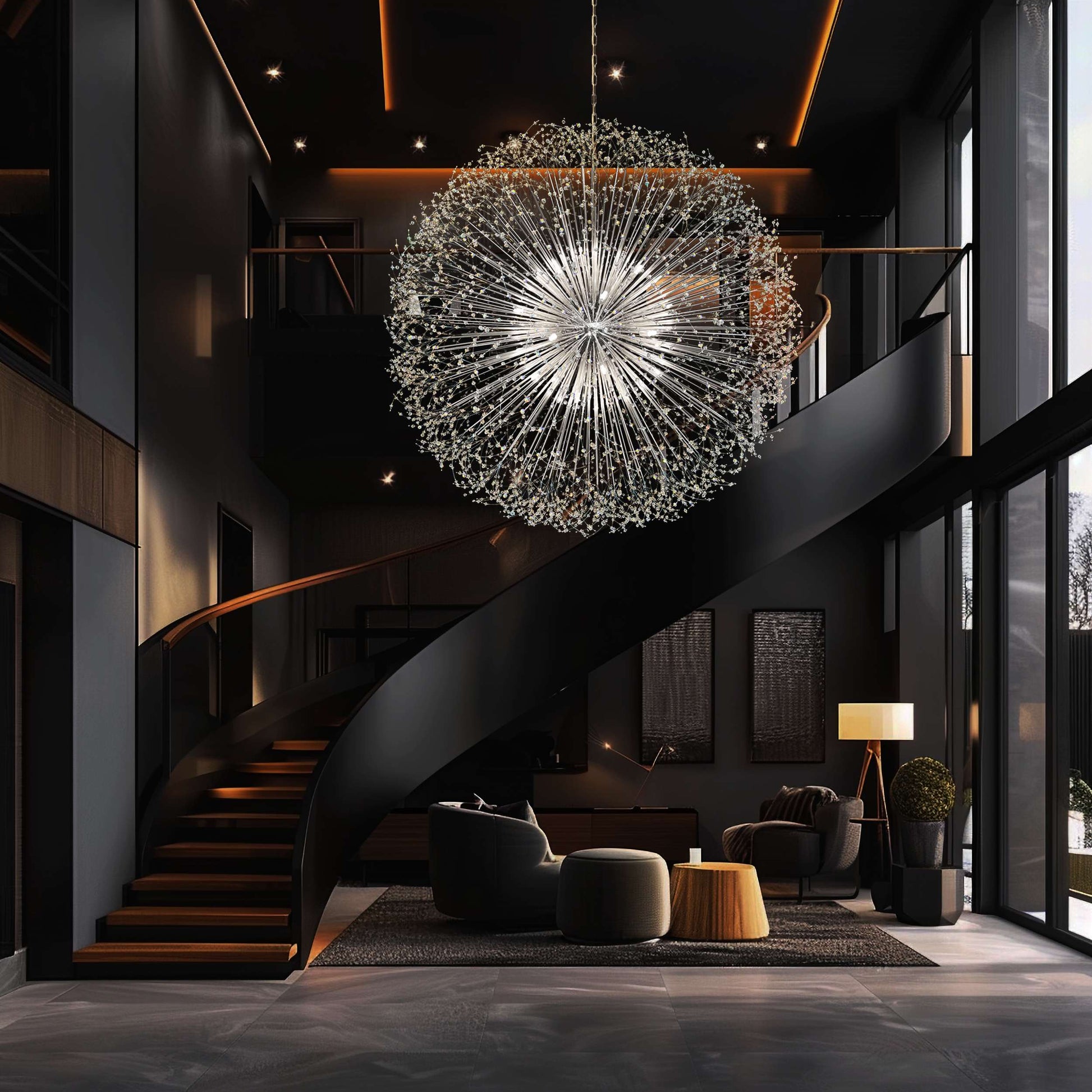 Dimmable modern starburst crystal chandelier illuminating luxury entryway