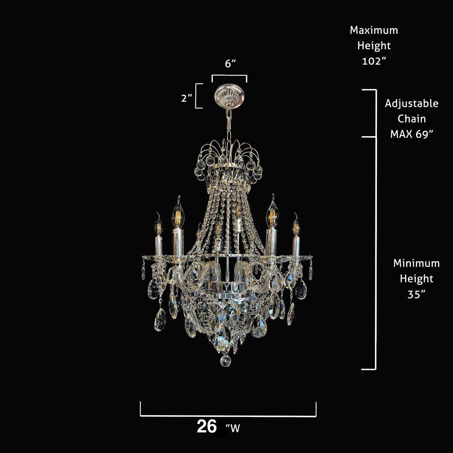 26-inch chrome  crystal chandelier size and dimension diagram.