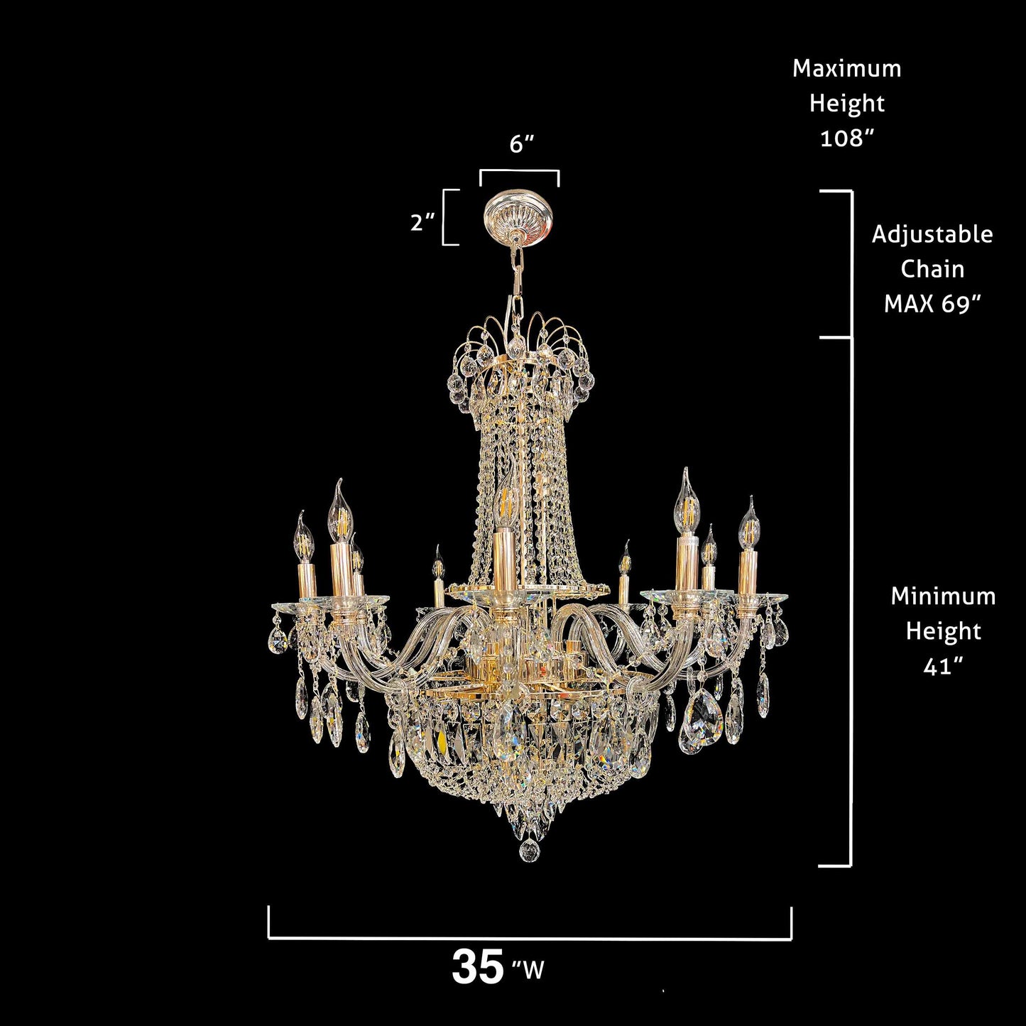 35-inch gold crystal chandelier size and dimension diagram.