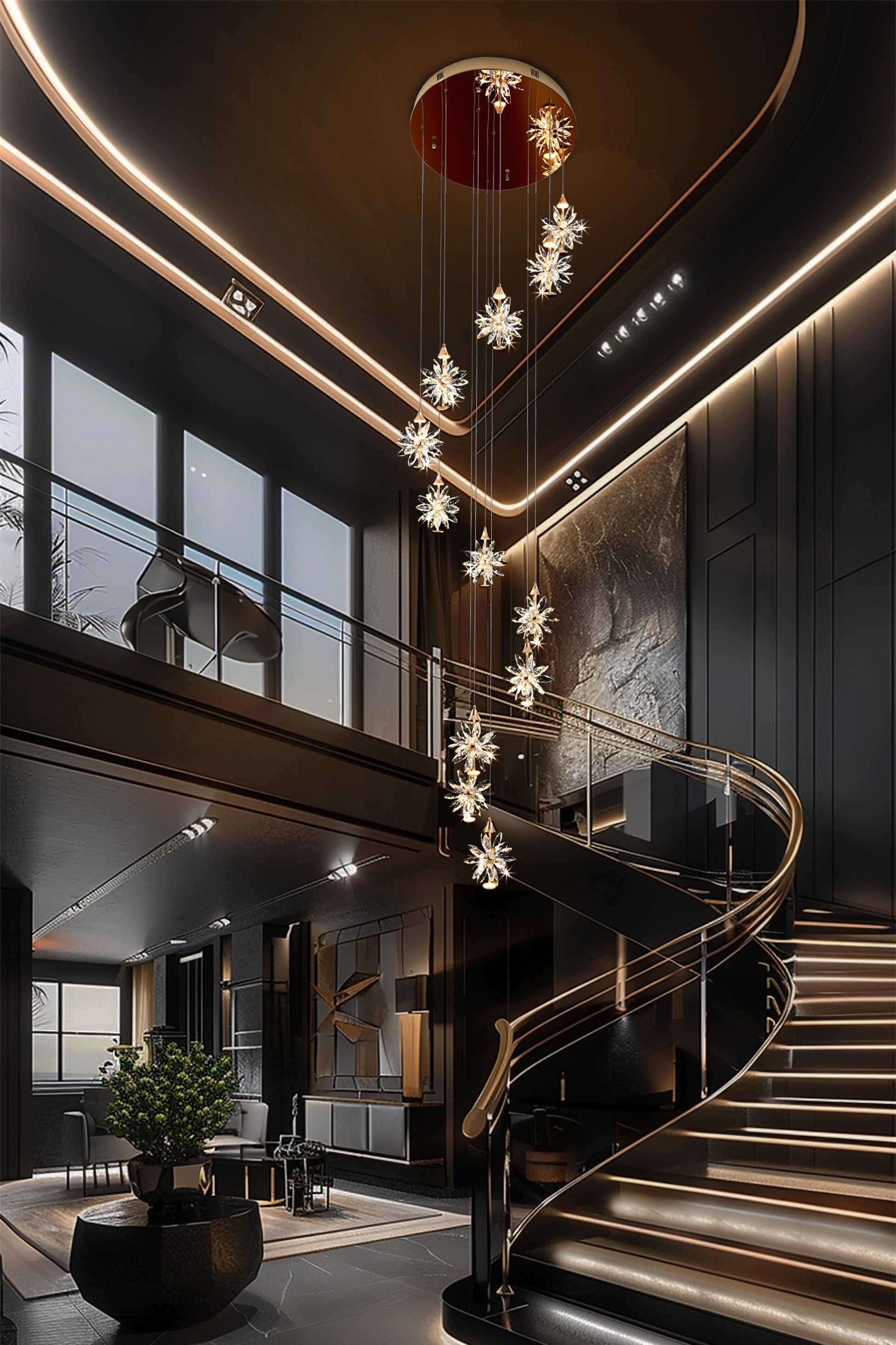 Tall LED gold cascading crystal chandelier lighting a modern foyer and staircase