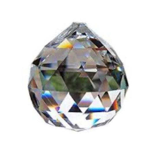 Clear crystal ball with faceted surface on a white background