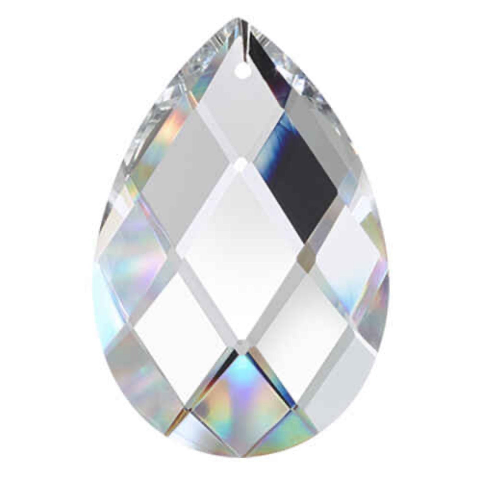 A precision-cut full-lead crystal tear drop with a sparkling, clear surface and faceted patterns.
