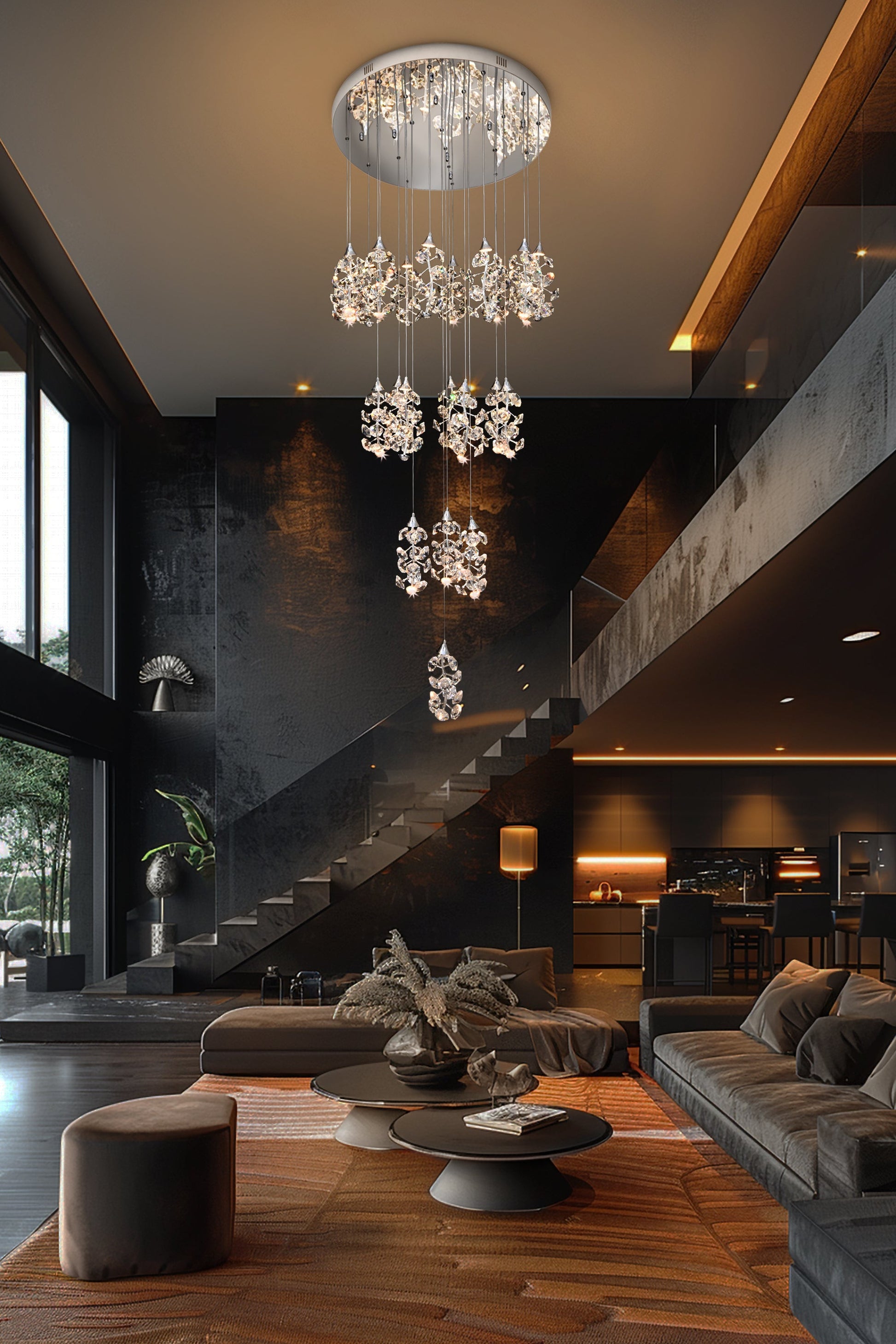 Full view of cascading dimmable LED crystal chandelier in contemporary luxury room
