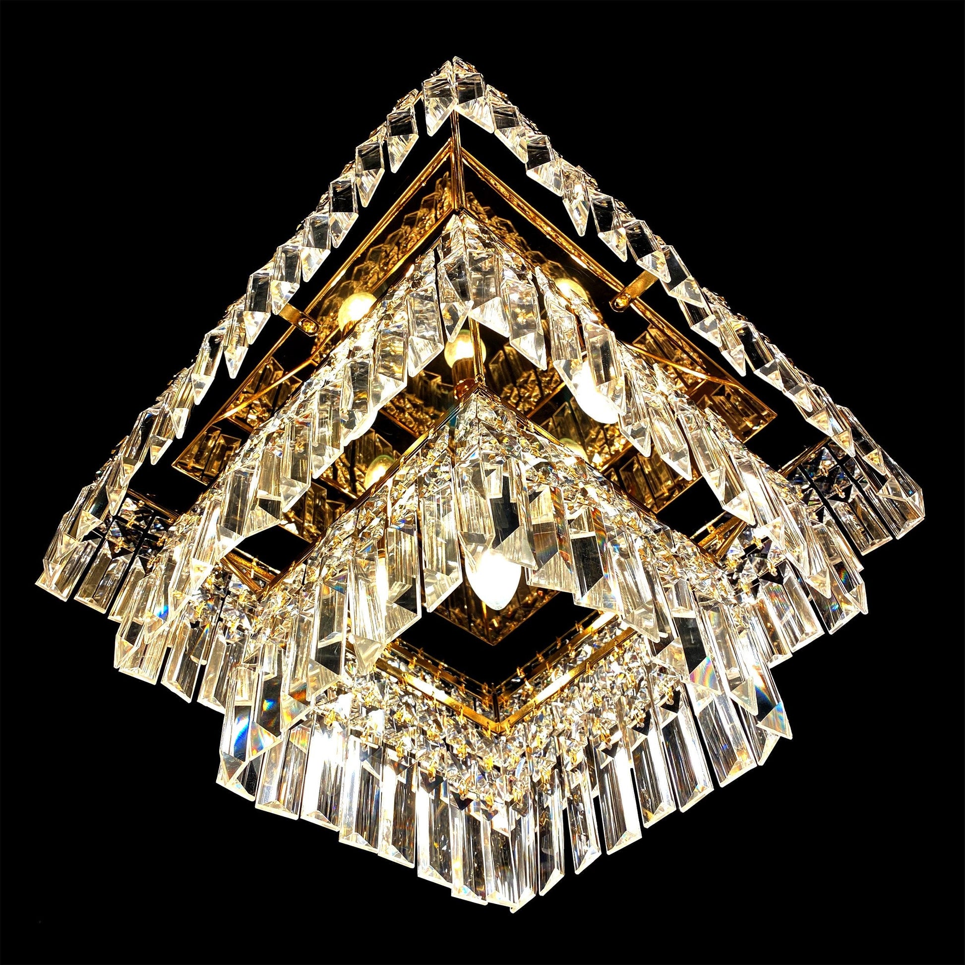 Bottom angle view of gold 3 tier crystal chandelier prisms