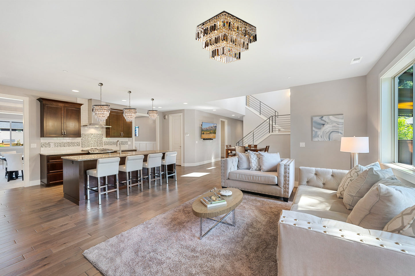 Gold 3 tier crystal square chandelier 16 inch in modern open living room interior