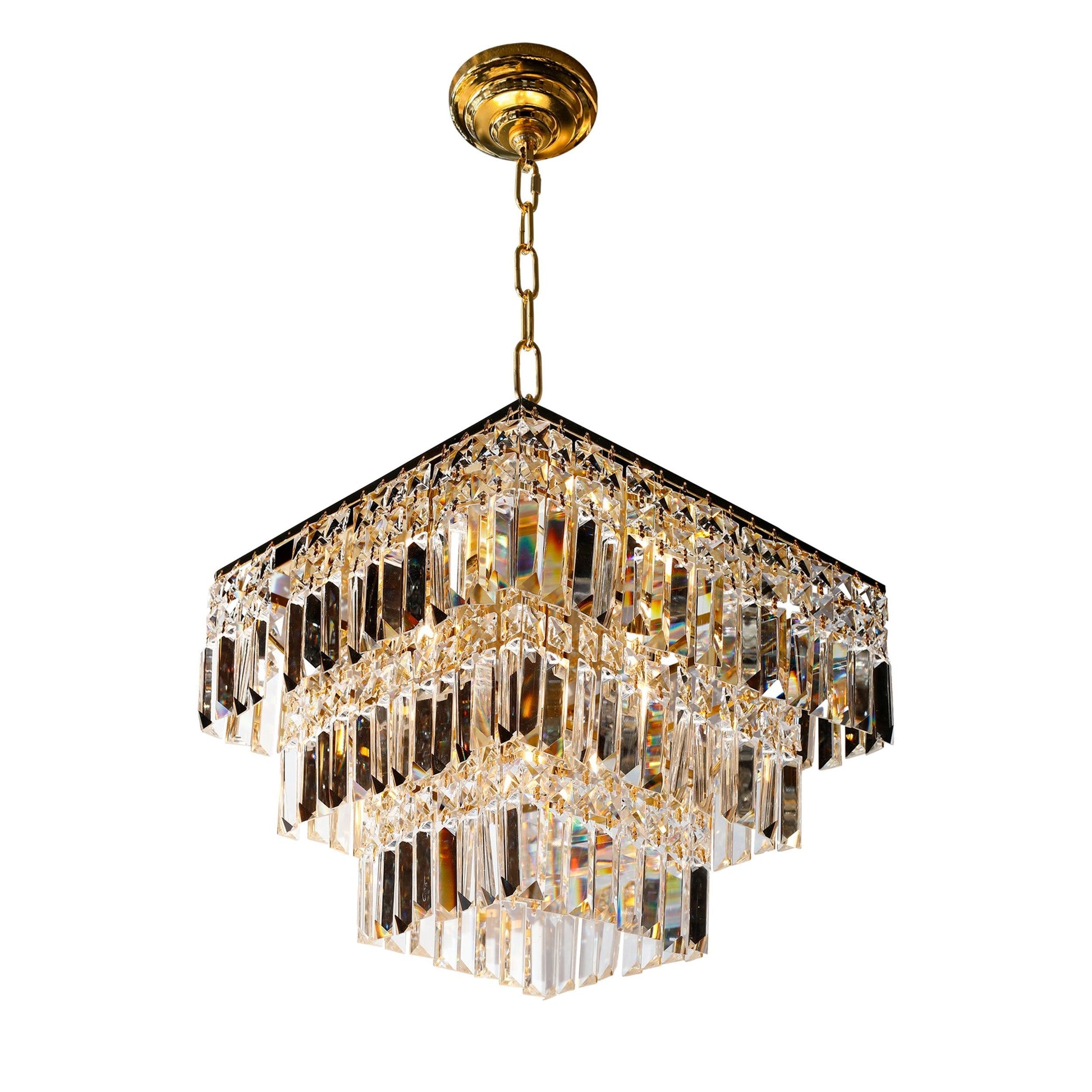 Gold 3 tier crystal chandelier displayed in elegant interior