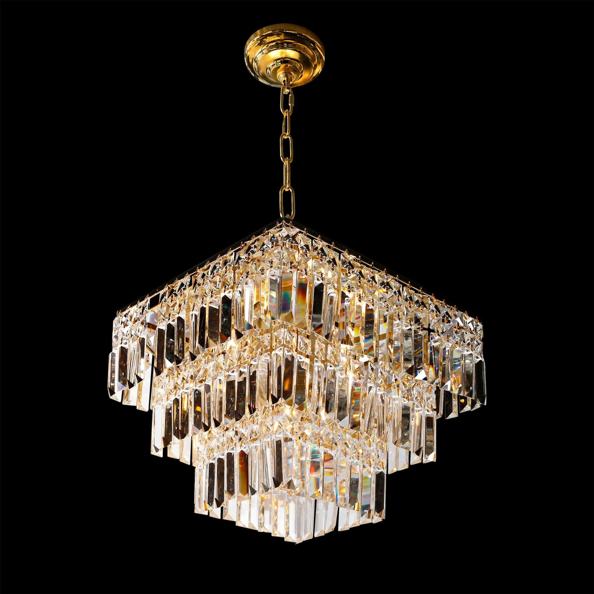 Luxury gold 3 tier crystal square chandelier 16 inch modern pendant light