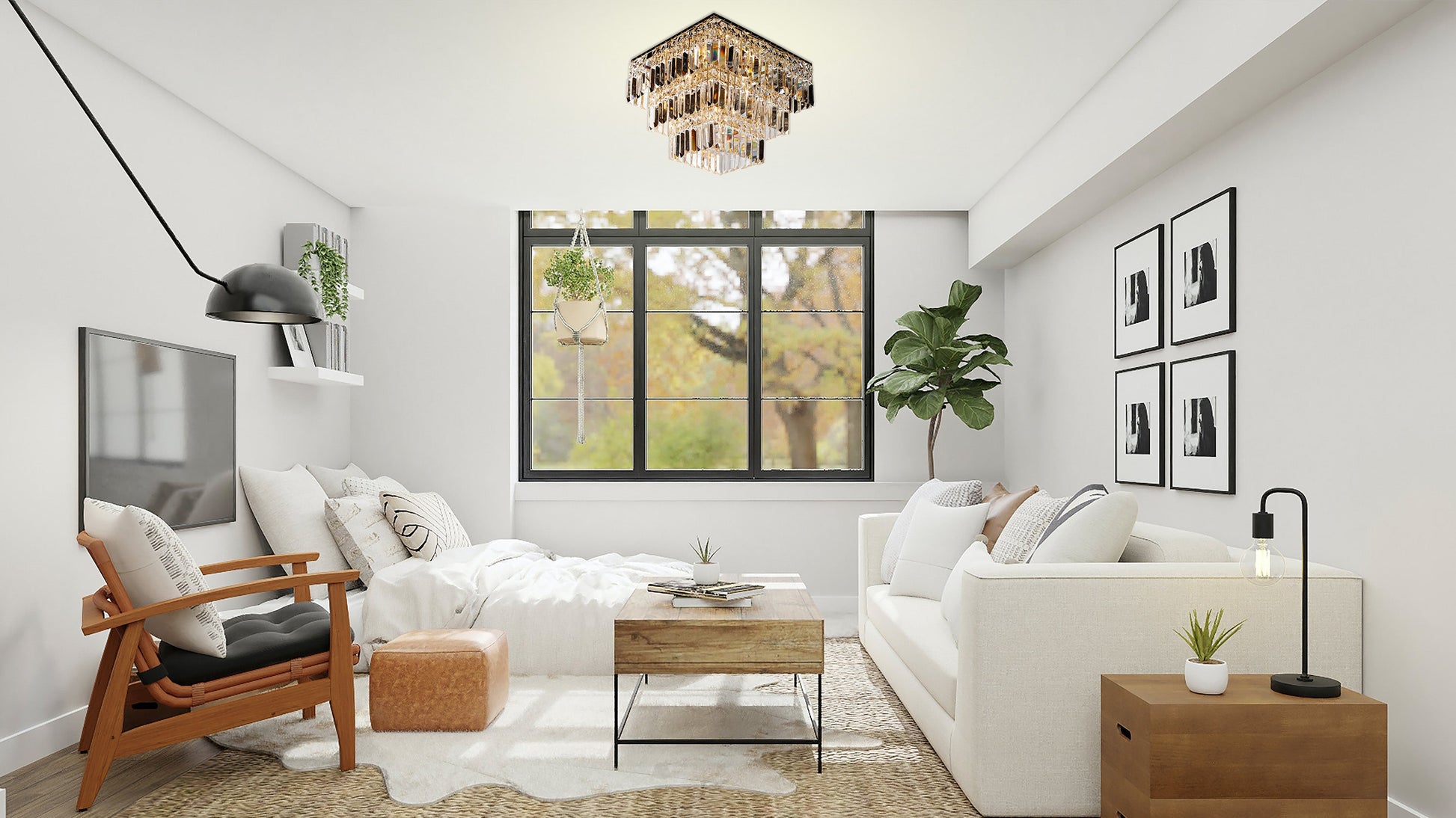 Tiered gold crystal square chandelier 16 inch above bed.