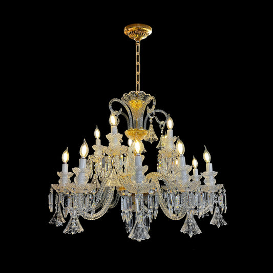 Gold Baroque style crystal chandelier with 15 lights on a black background.