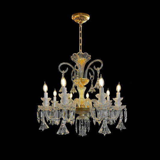 Gold Baroque style crystal chandelier with 8 lights on a black background.