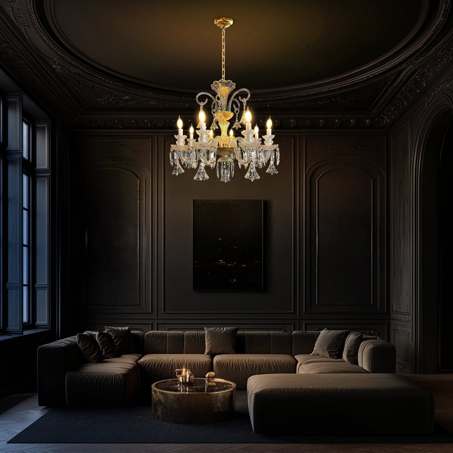 Gold Baroque style crystal chandelier with 8 lights, illuminating a luxury interior.