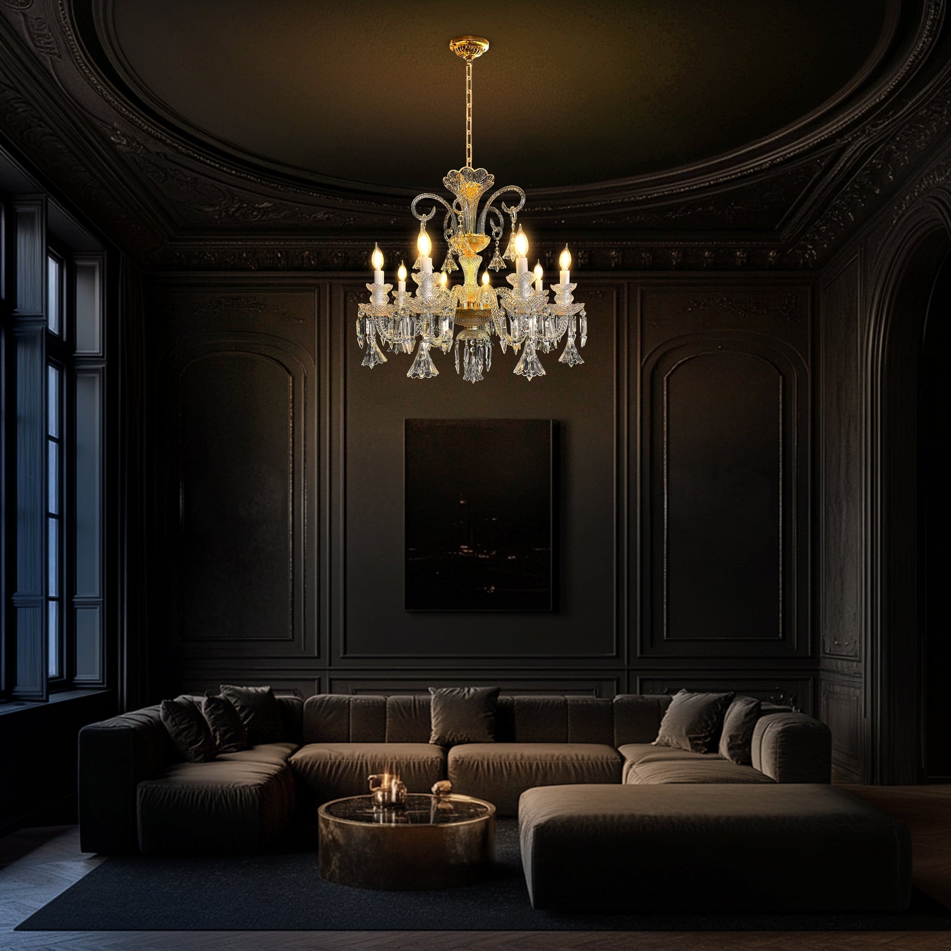 Gold Baroque style crystal chandelier with 8 lights, illuminating a luxury interior.