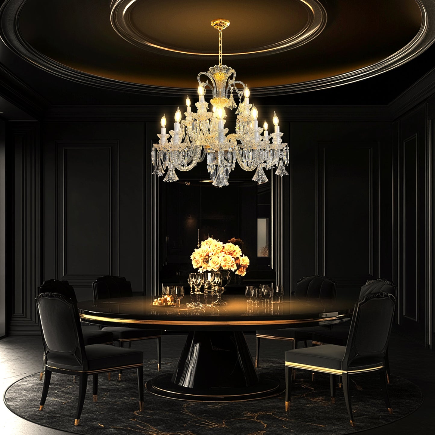 Elegant gold Baroque style crystal chandelier with 15 lights, hanging above a round dining table in a luxury interior.