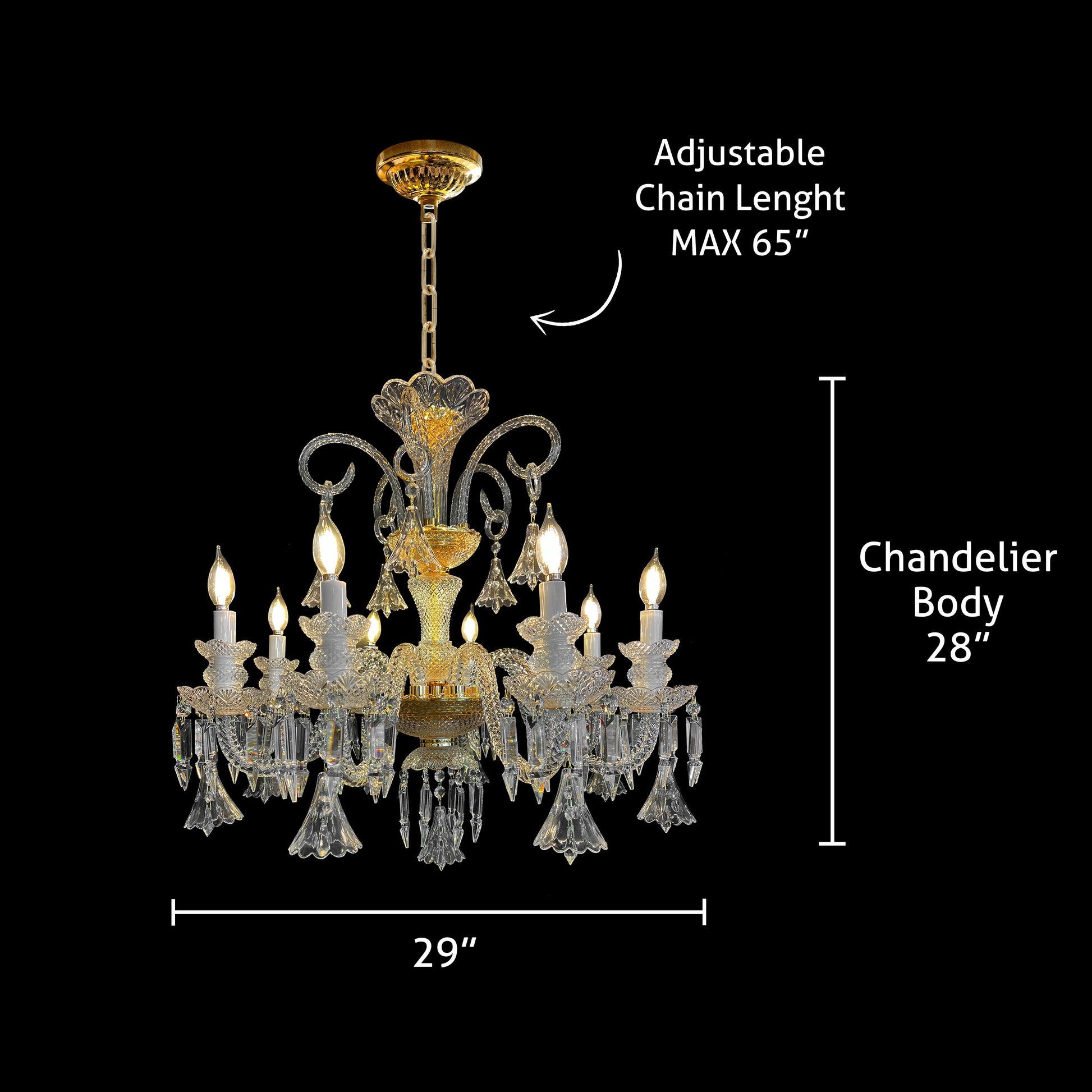 Dimensions diagram of a 29 inch gold crystal chandelier with adjustable chain length and 28 inch body height.