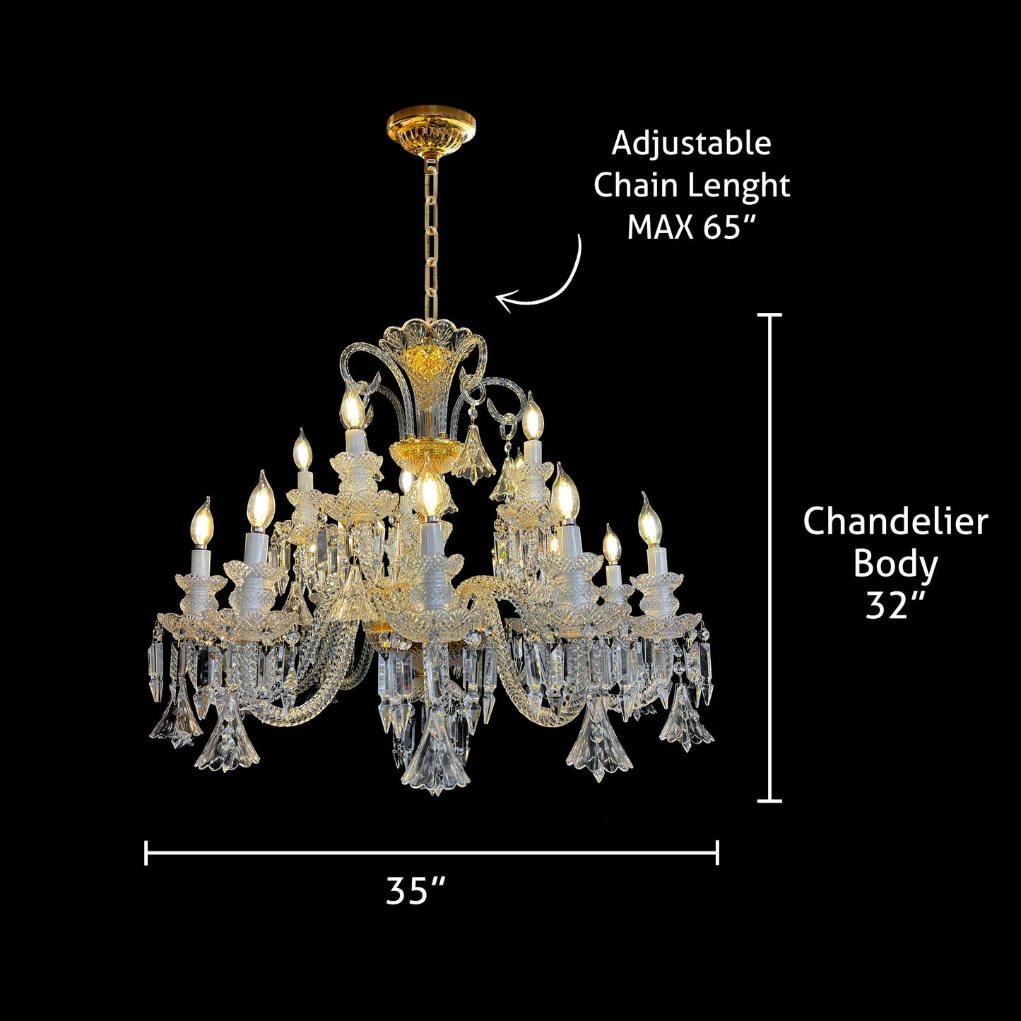 Dimensions diagram of a 35 inch gold crystal chandelier with adjustable chain length and 32 inch body height.