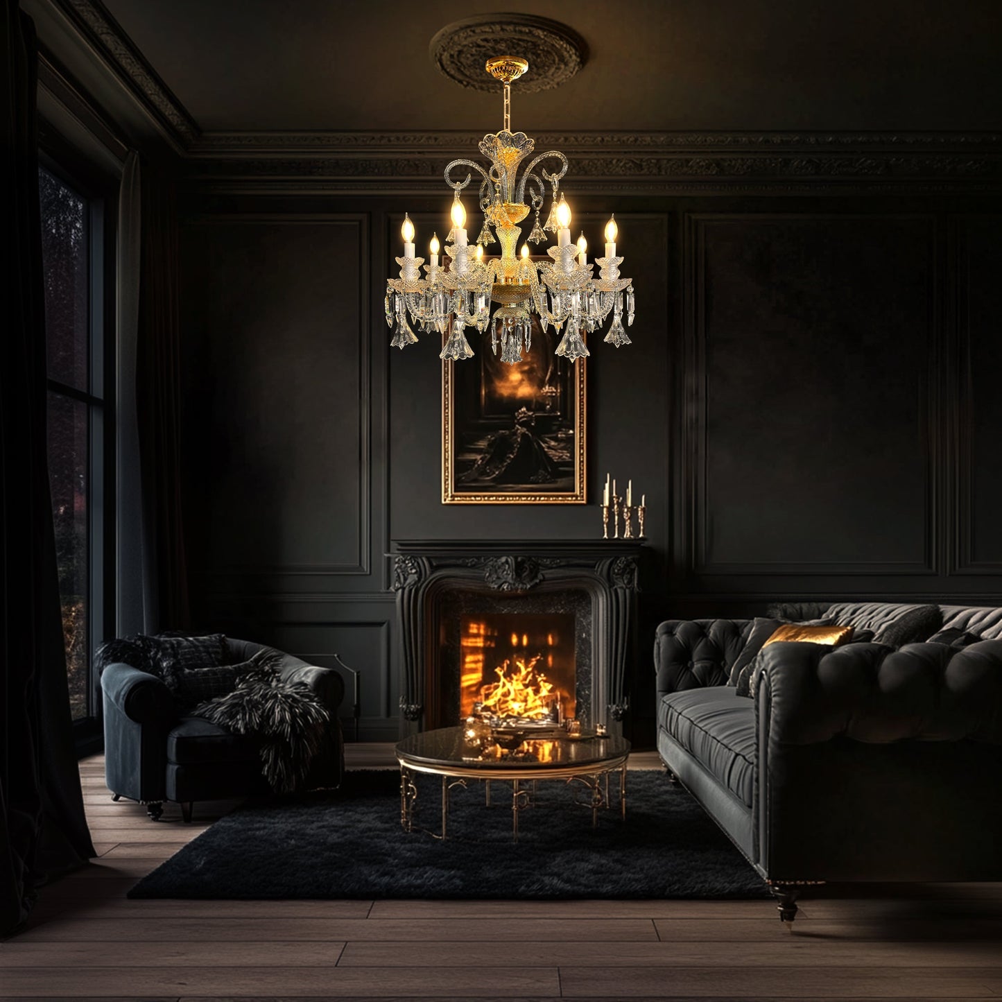 Elegant gold and crystal chandelier hanging in a dark luxury living room, highlighting its baroque design and warm illumination.