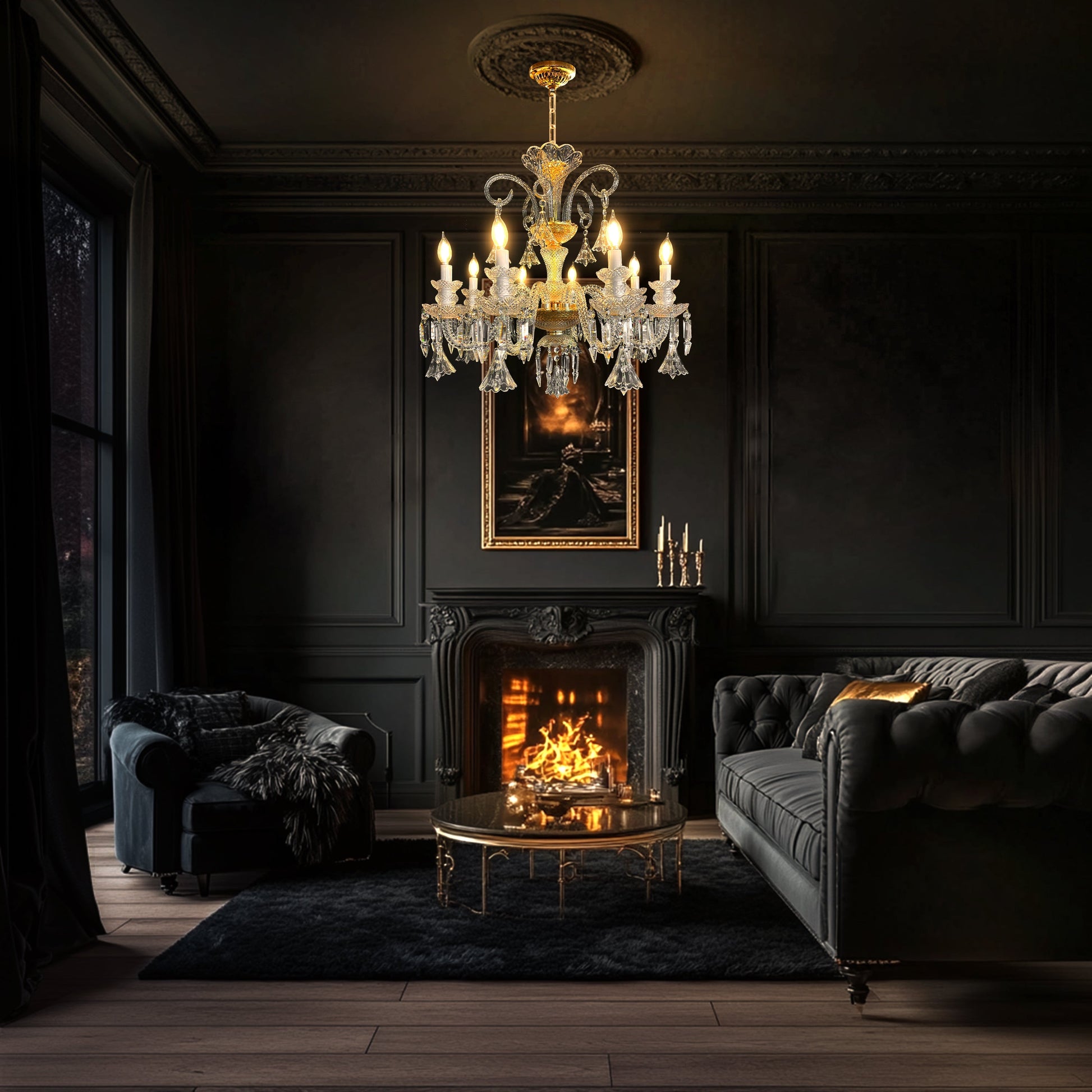 Elegant gold and crystal chandelier hanging in a dark luxury living room, highlighting its baroque design and warm illumination.