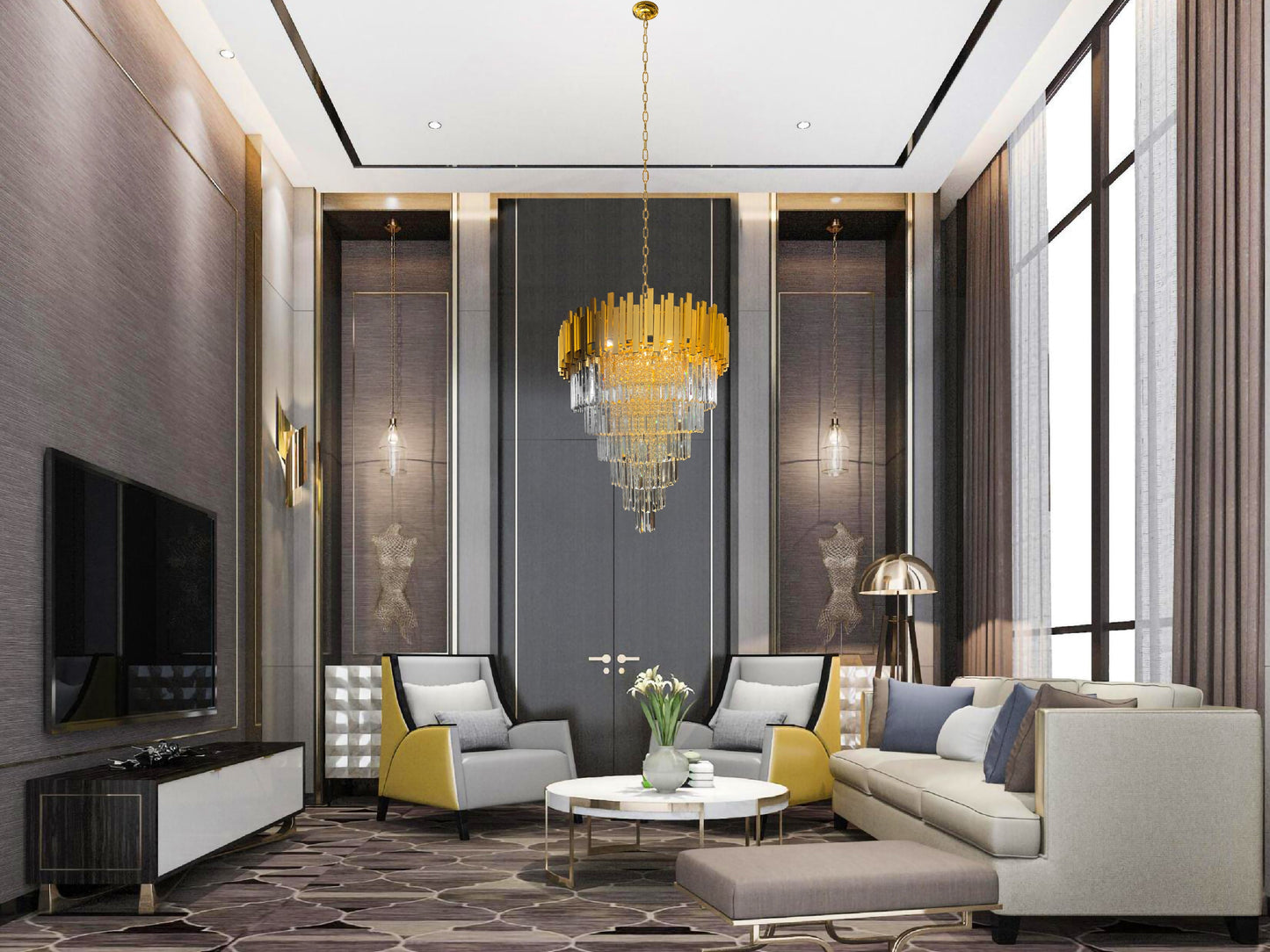 Luxury gold crystal chandelier in modern living room interior design