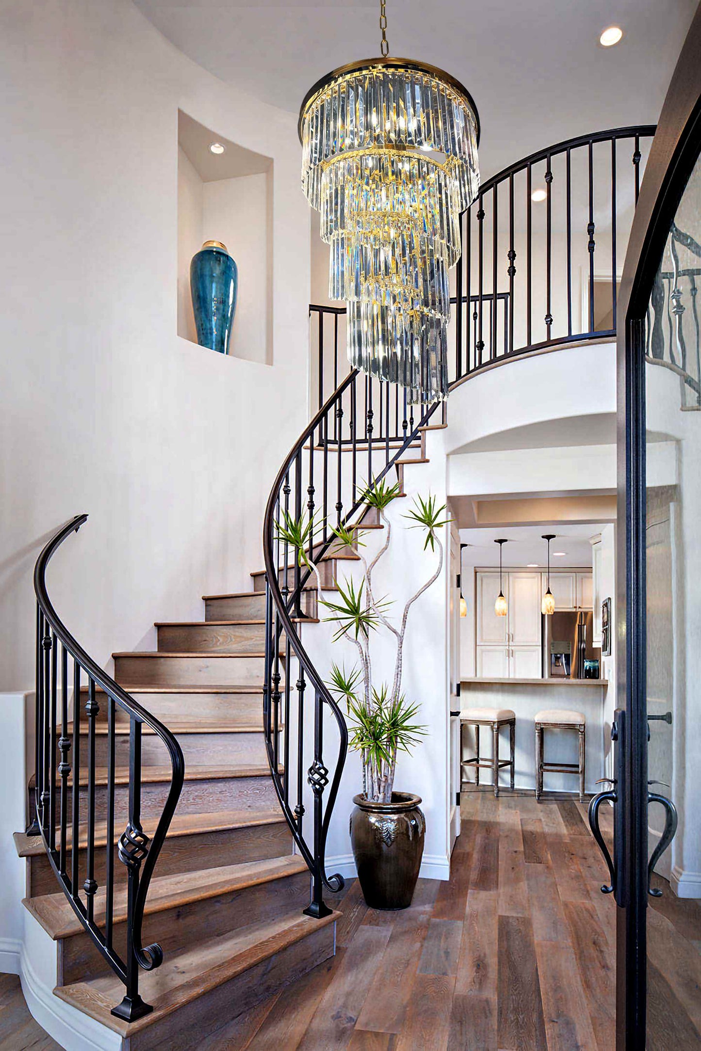 Gold dimmable chandelier lighting elegant staircase