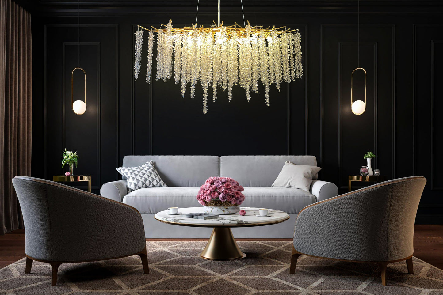 Dimmable warm gold linear chandelier lighting modern living room 