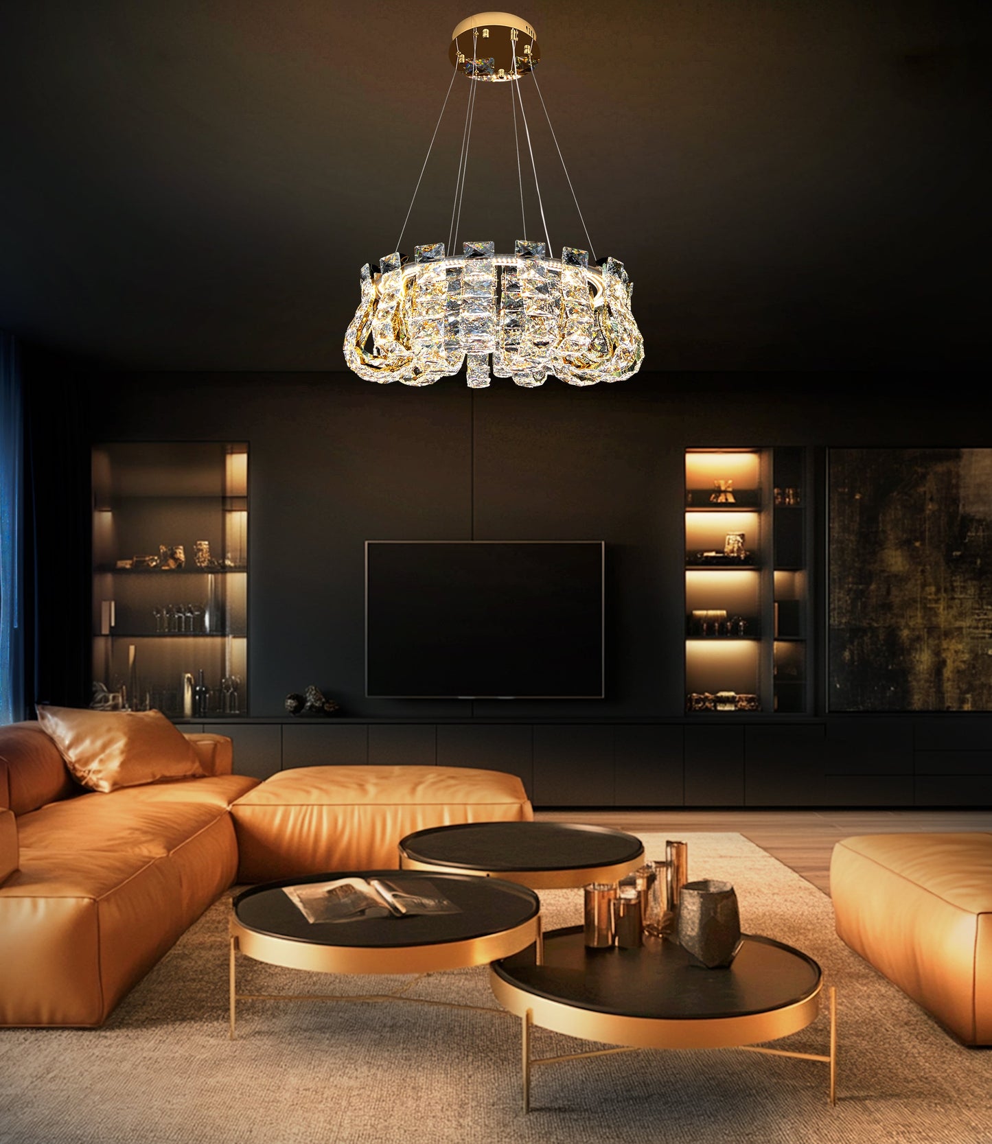 Round gold dimmable crystal chandelier glowing warmly in a modern living space with soft ambient lighting.
