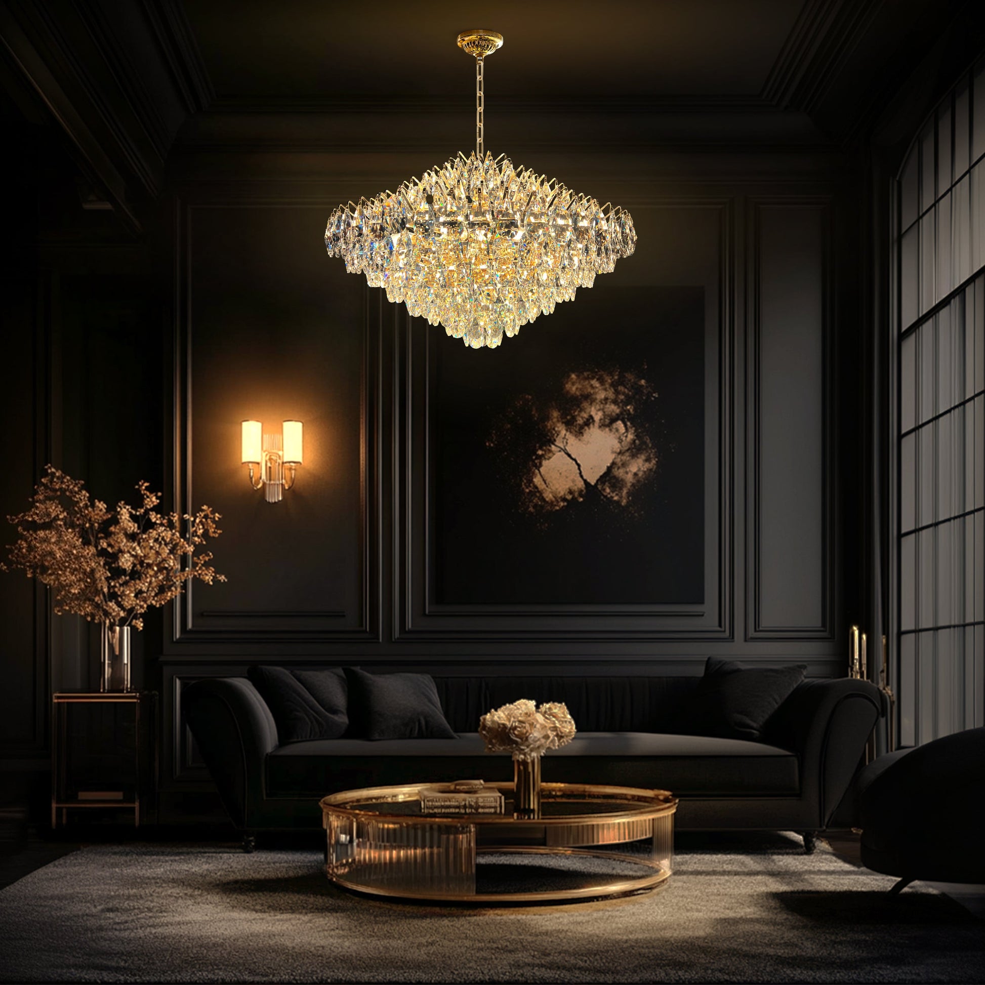 31 in champagne gold crystal chandelier with teardrop crystals hanging in a family room