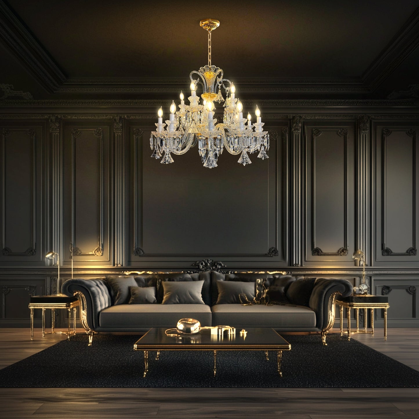 Gold Empire style crystal chandelier illuminating an elegant black and gold luxury living room.