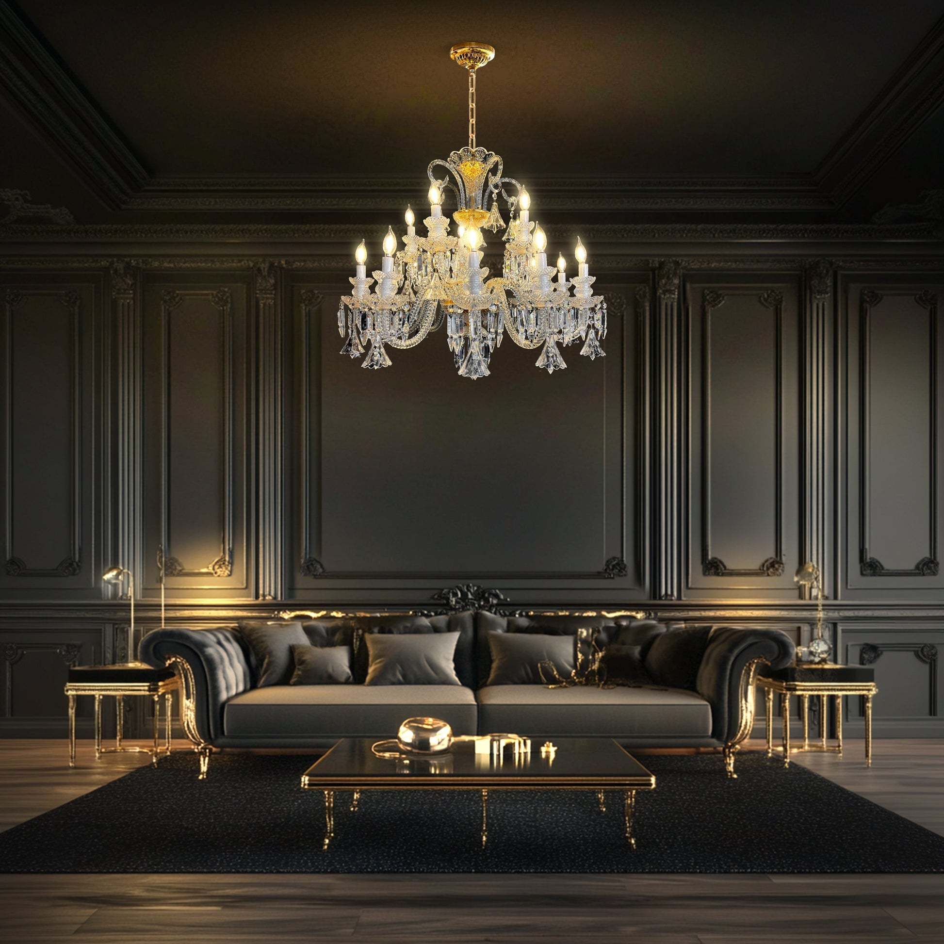 Gold Empire style crystal chandelier illuminating an elegant black and gold luxury living room.