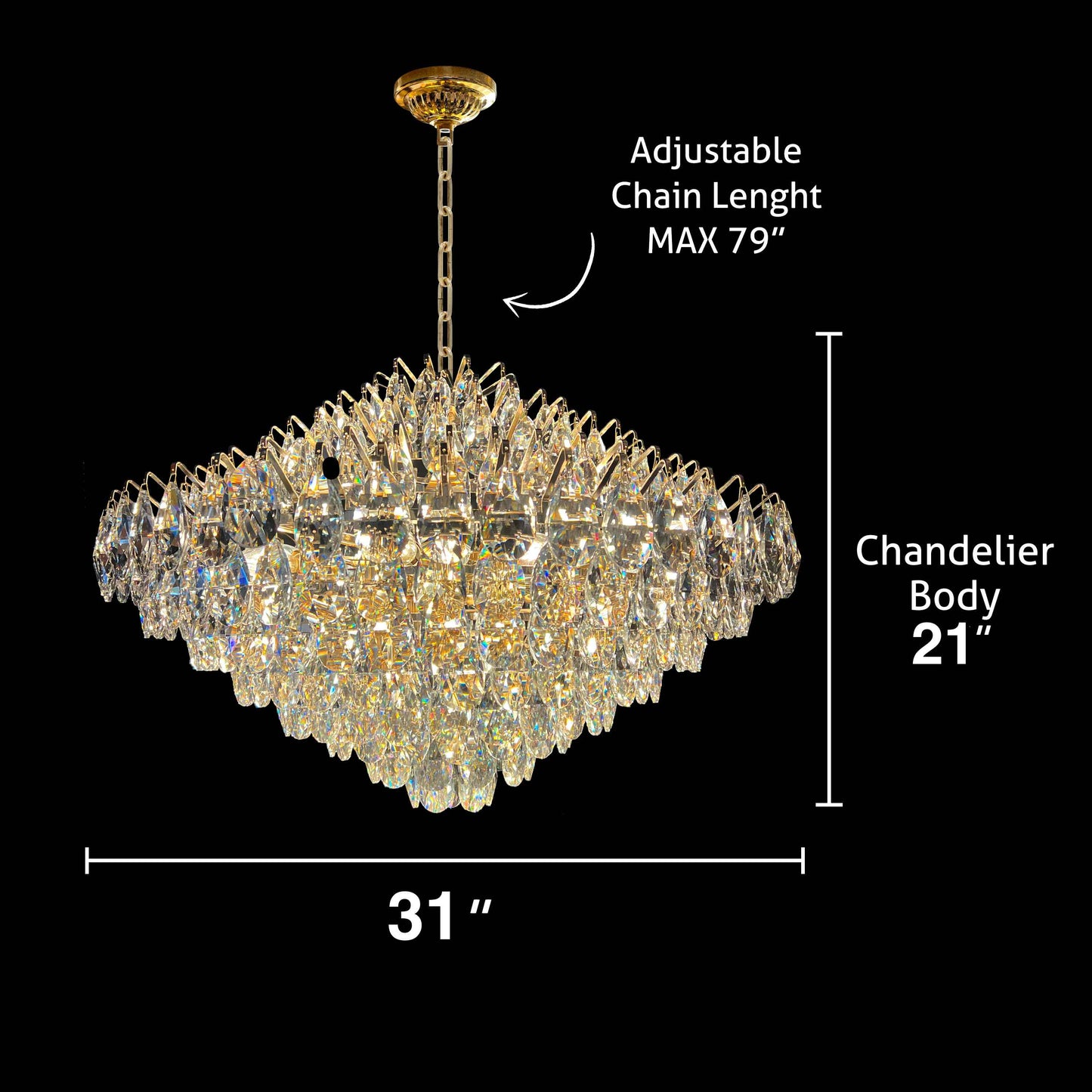 Empire-style gold crystal chandelier with cascading teardrop crystals, round 31-inch design