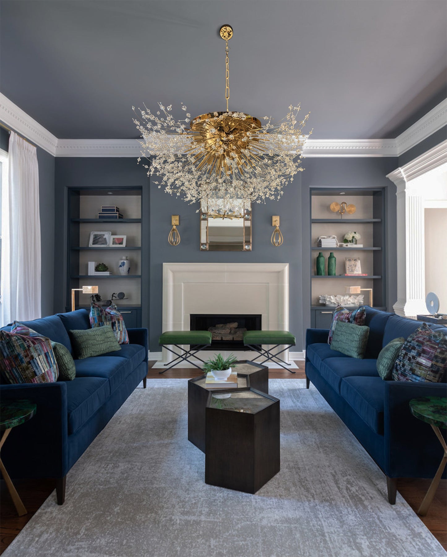 30 inch dimmable gold crystal chandelier above luxury seating area